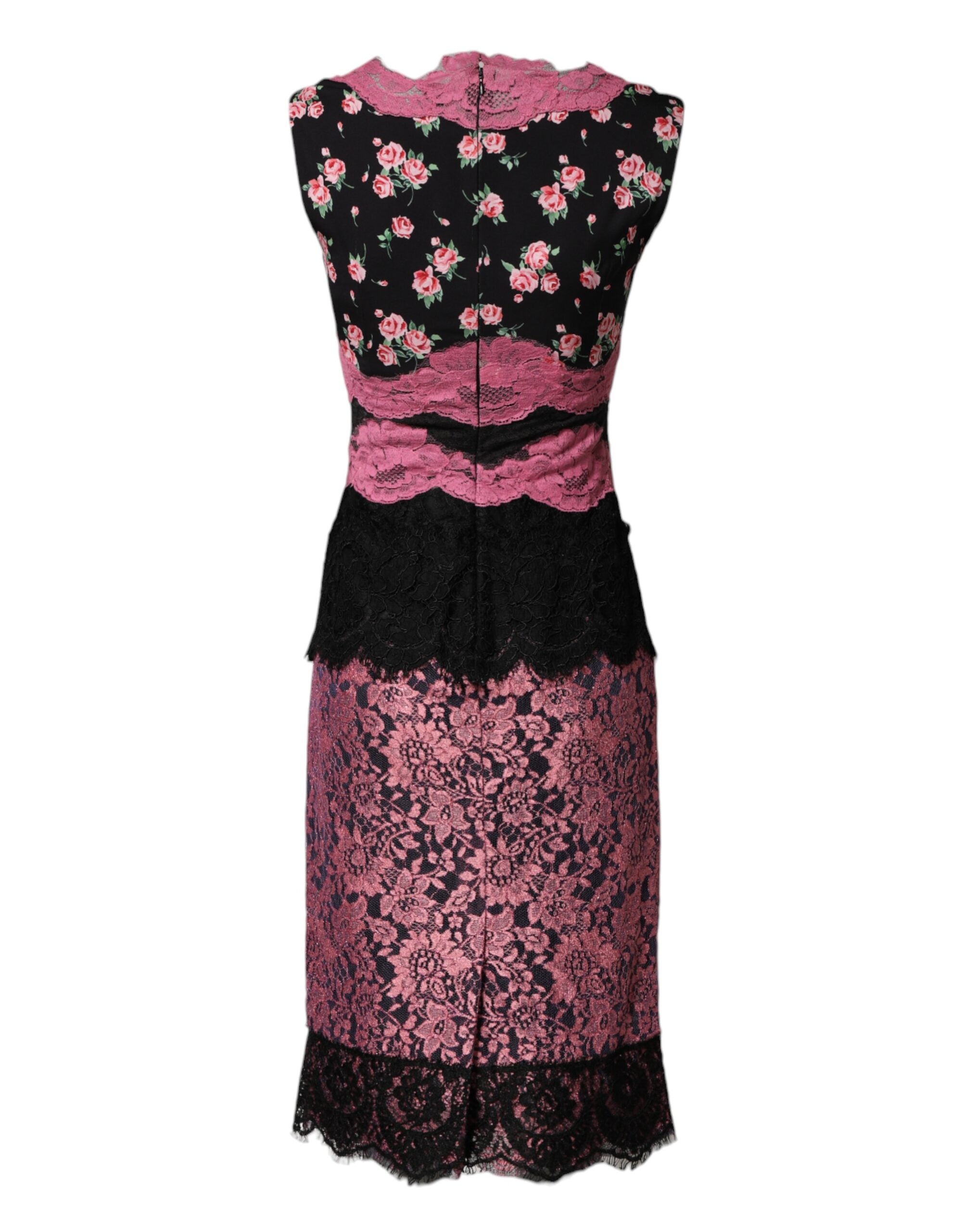 Dolce & Gabbana Black Pink Floral Lace Silk Sheath Dress Dolce & Gabbana