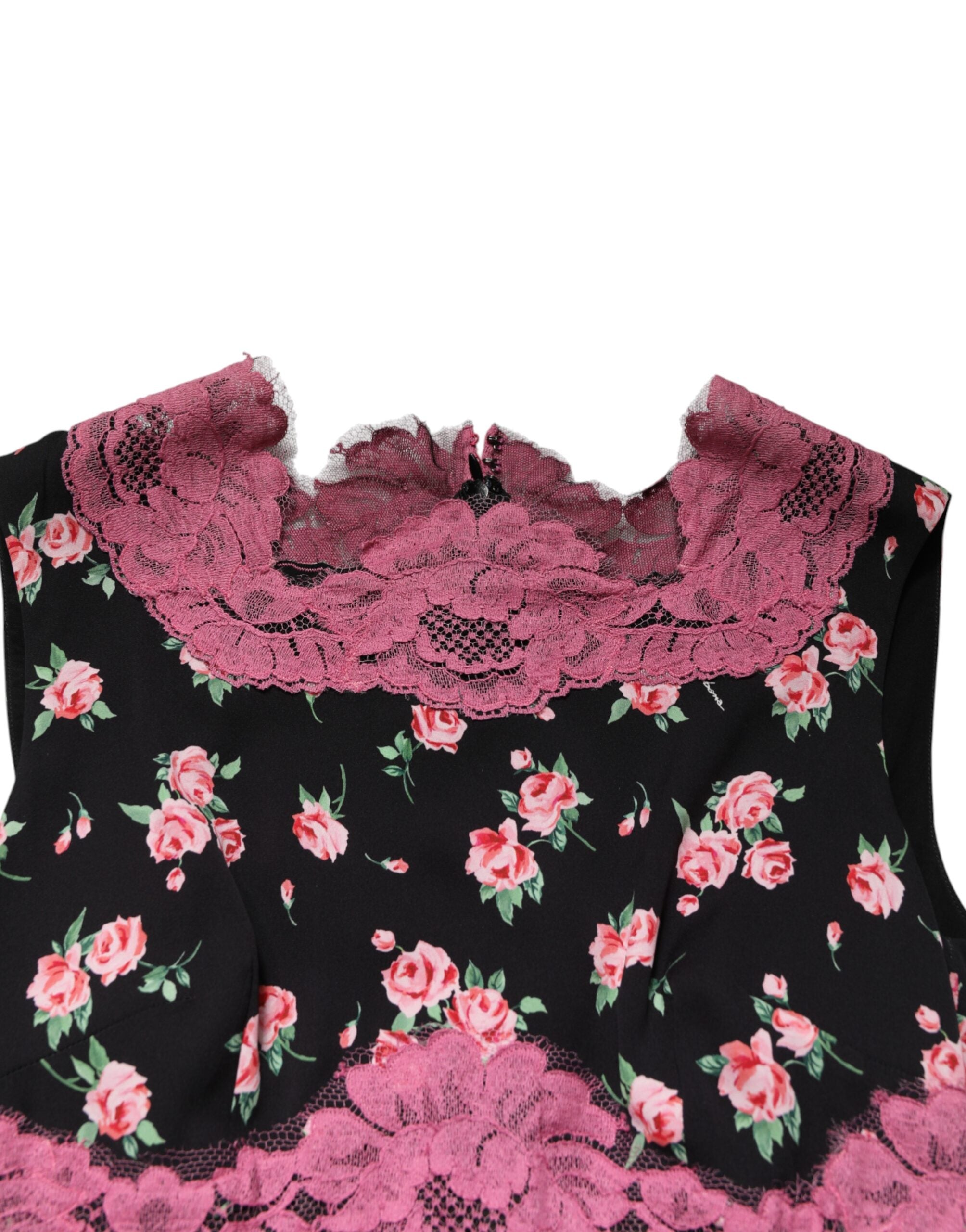 Dolce & Gabbana Black Pink Floral Lace Silk Sheath Dress Dolce & Gabbana