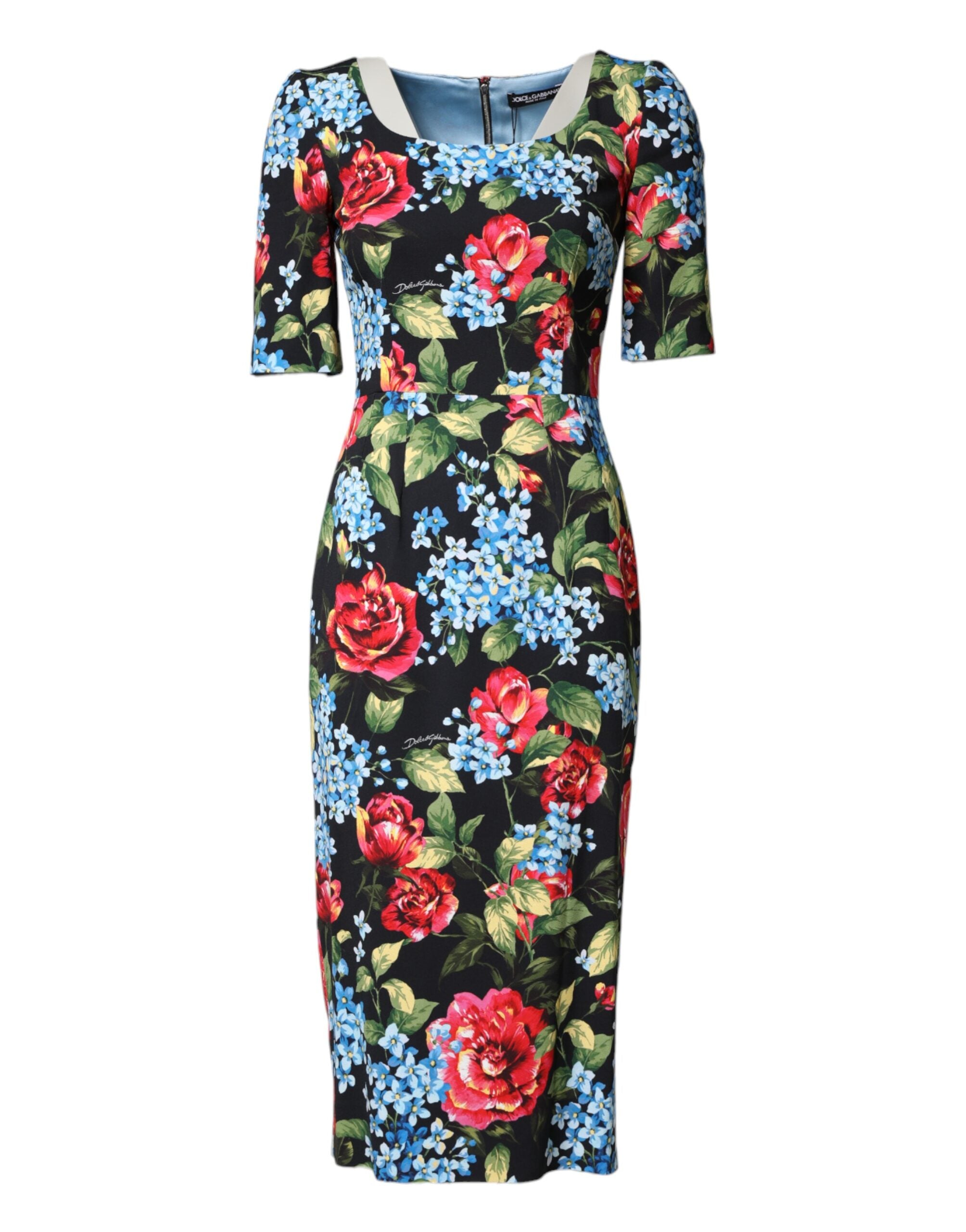 Dolce & Gabbana Black Floral Print Viscose Sheath Midi Dress Dolce & Gabbana
