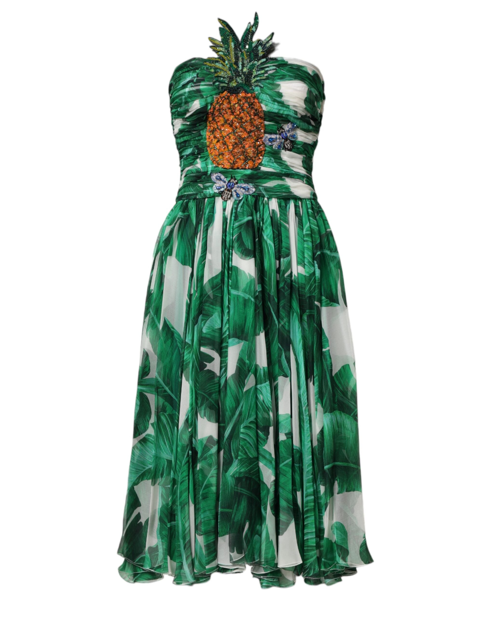 Dolce & Gabbana Green Pineapple Embellished BananaLeaf Dress Dolce & Gabbana