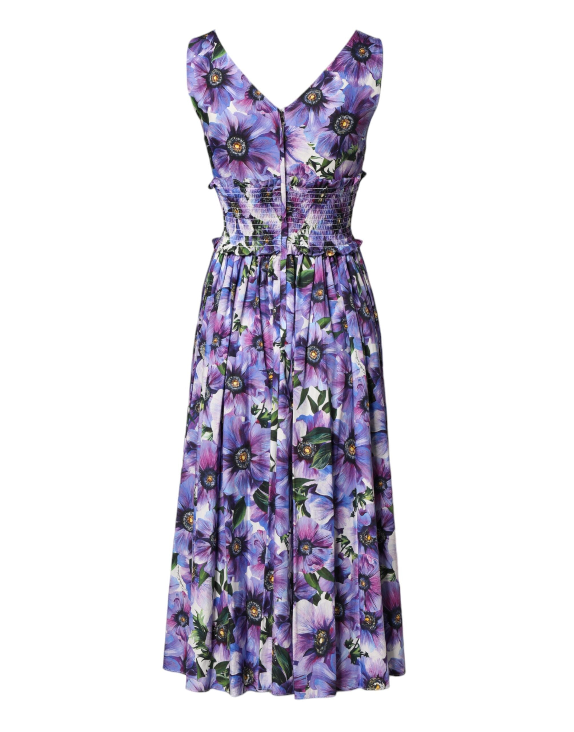 Dolce & Gabbana Purple Anemone Print Pleated Midi Dress Dolce & Gabbana