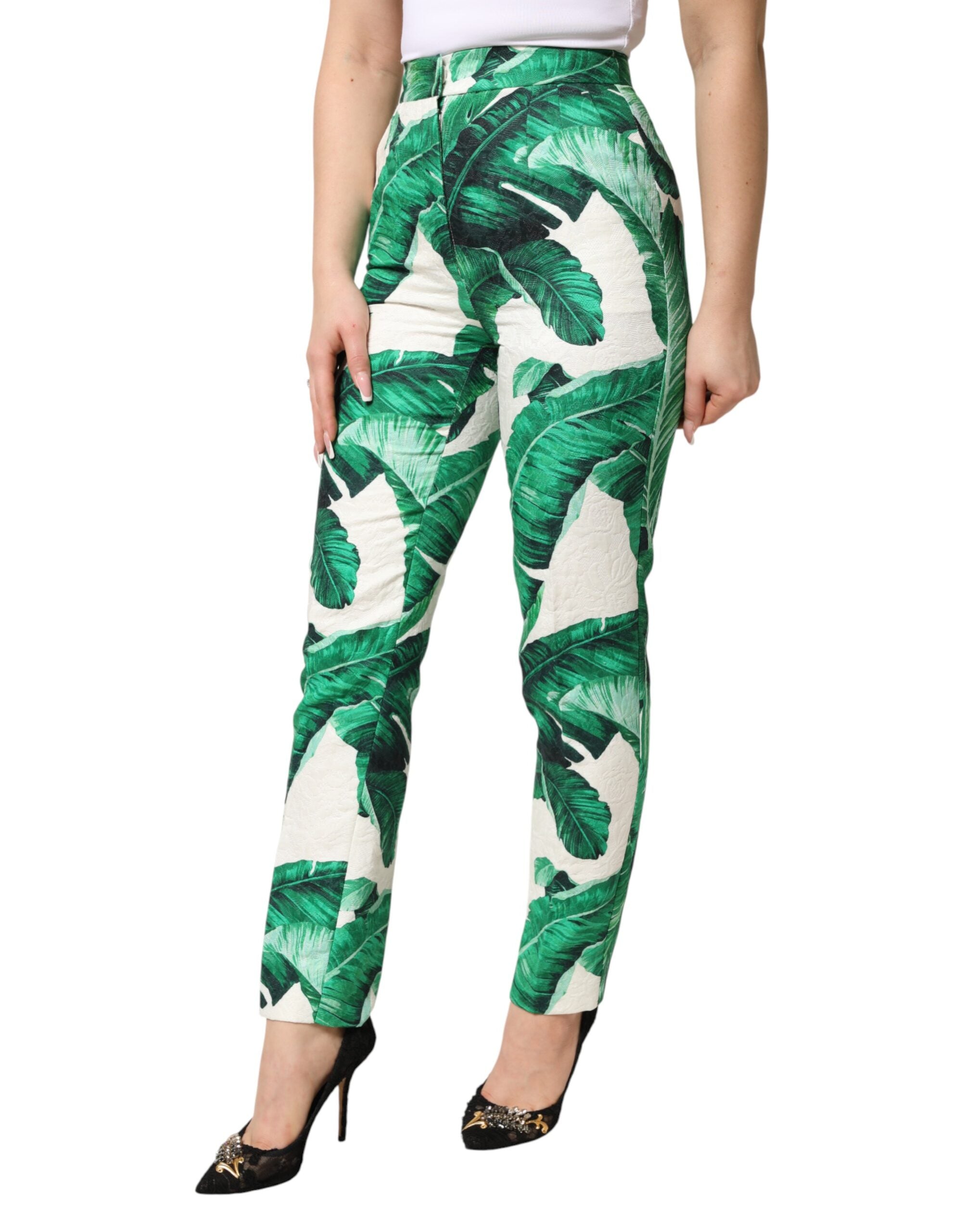 Dolce & Gabbana White Green Leaf High Waist Trousers Pants Dolce & Gabbana