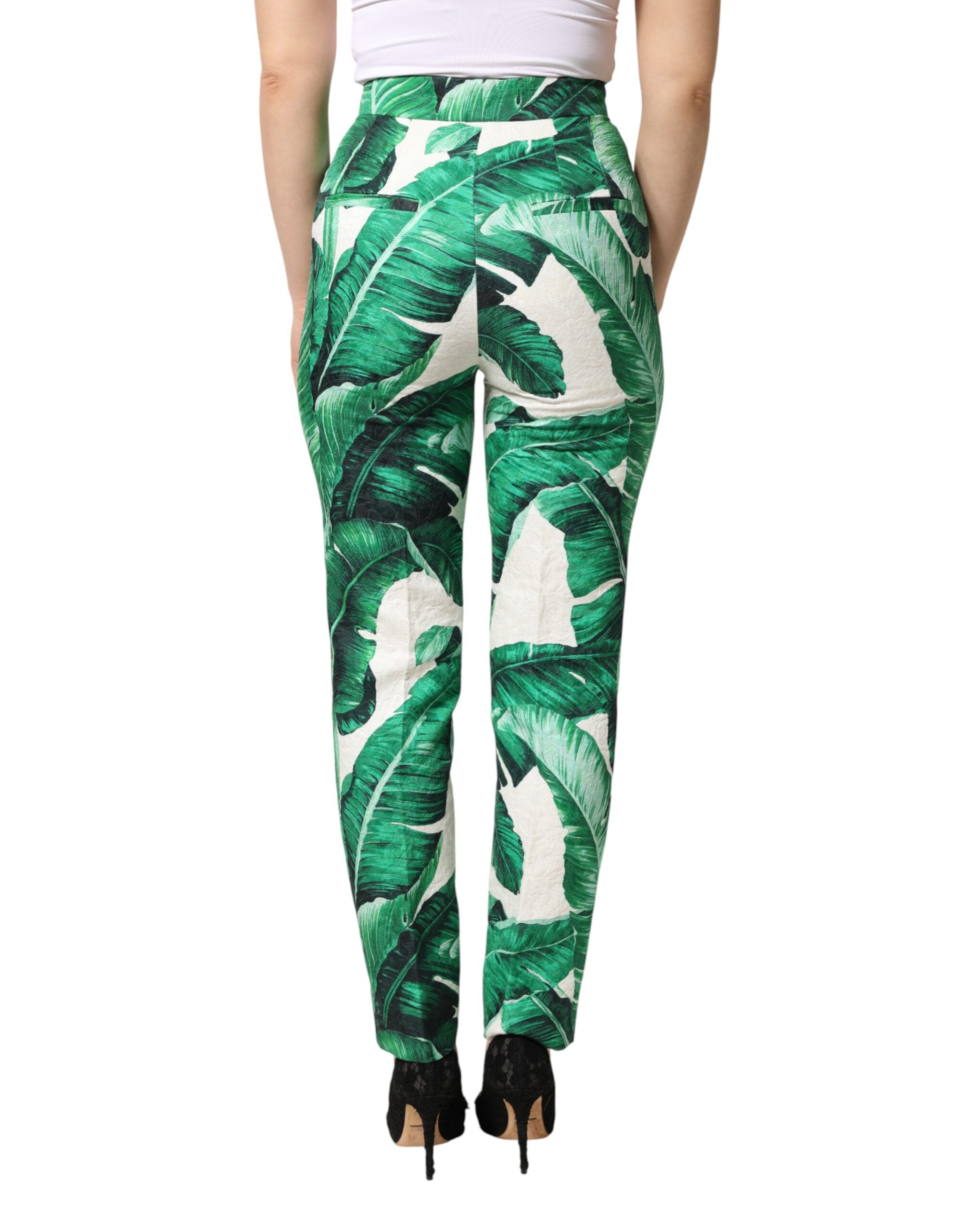 Dolce & Gabbana White Green Leaf High Waist Trousers Pants Dolce & Gabbana