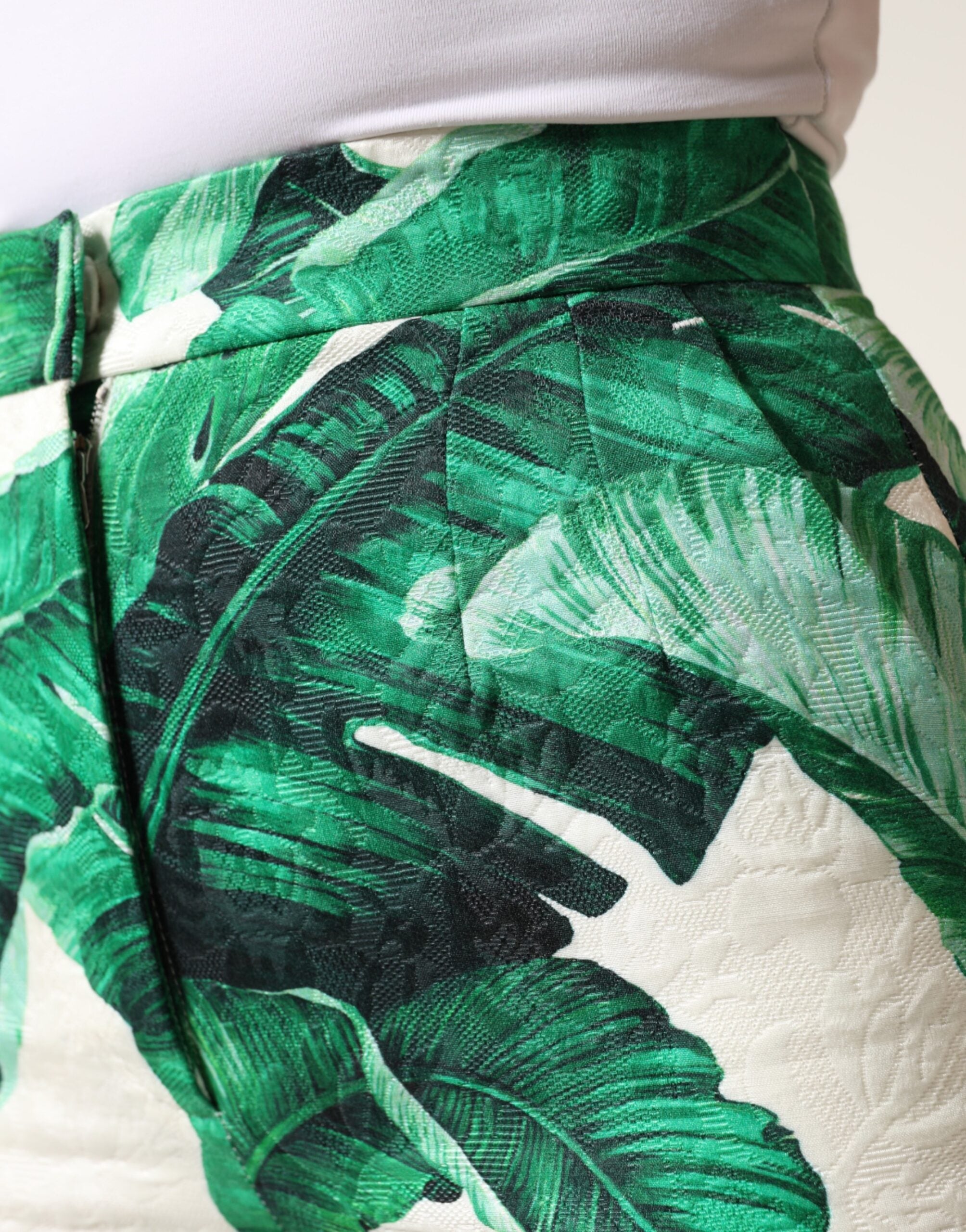 Dolce & Gabbana White Green Leaf High Waist Trousers Pants Dolce & Gabbana