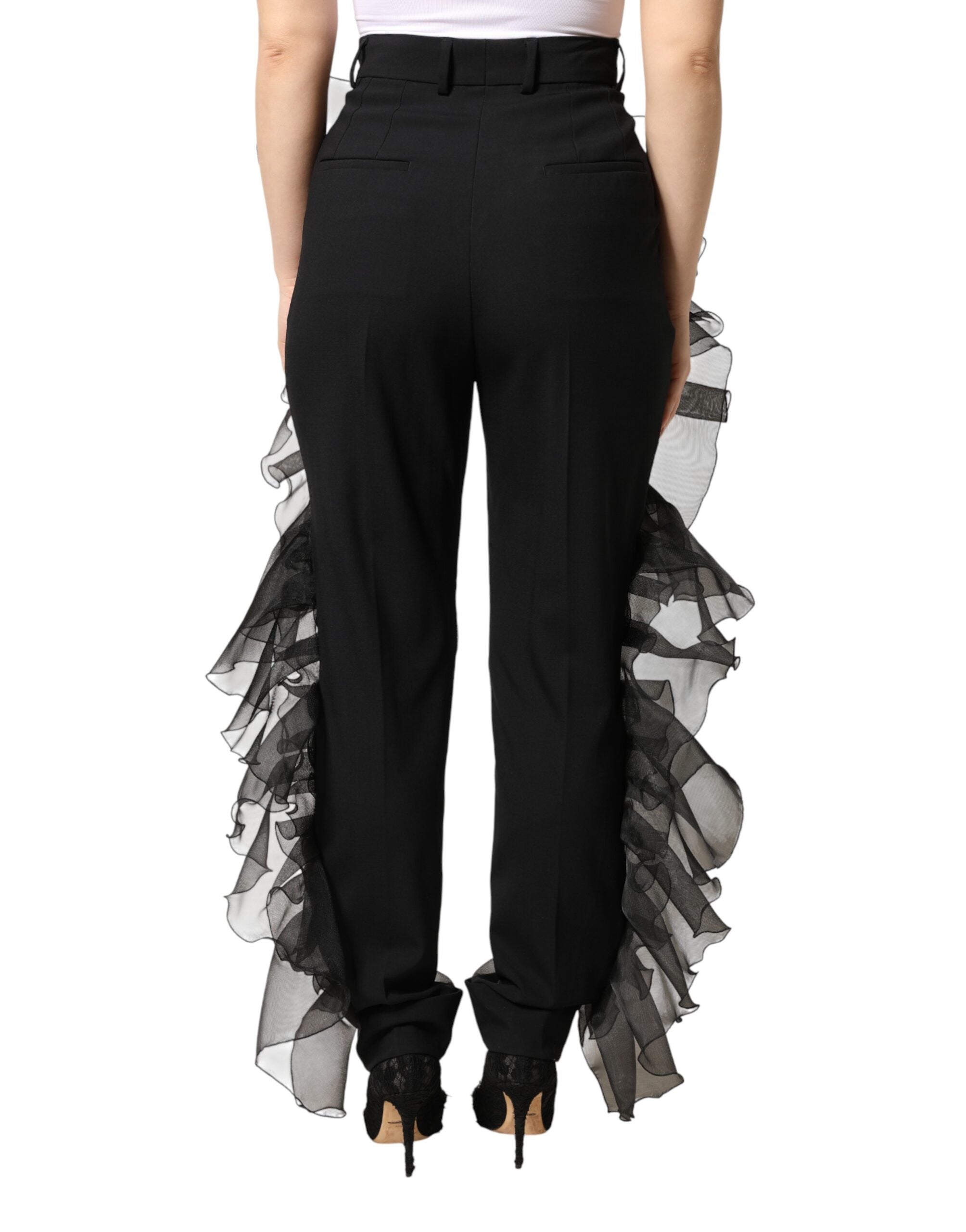 Dolce & Gabbana Black High Waist Tulle Wool Trouser Pants Dolce & Gabbana
