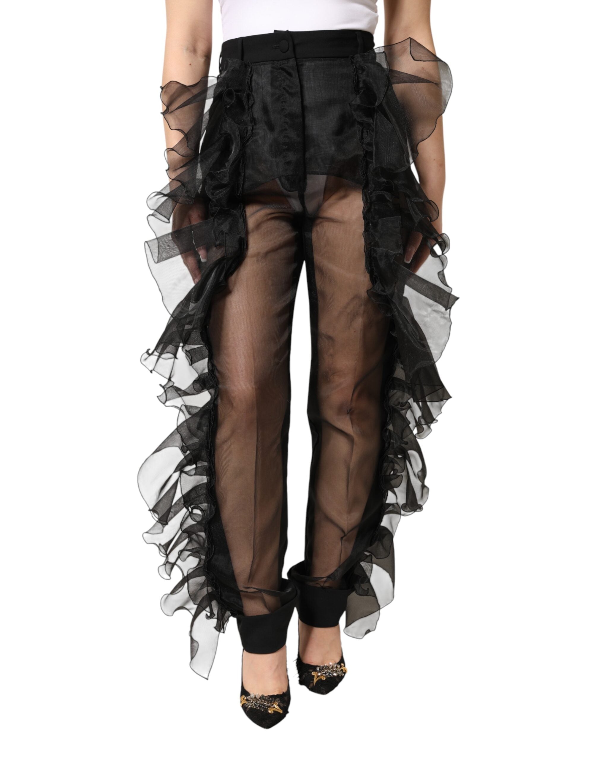Dolce & Gabbana Black High Waist Tulle Wool Trouser Pants Dolce & Gabbana