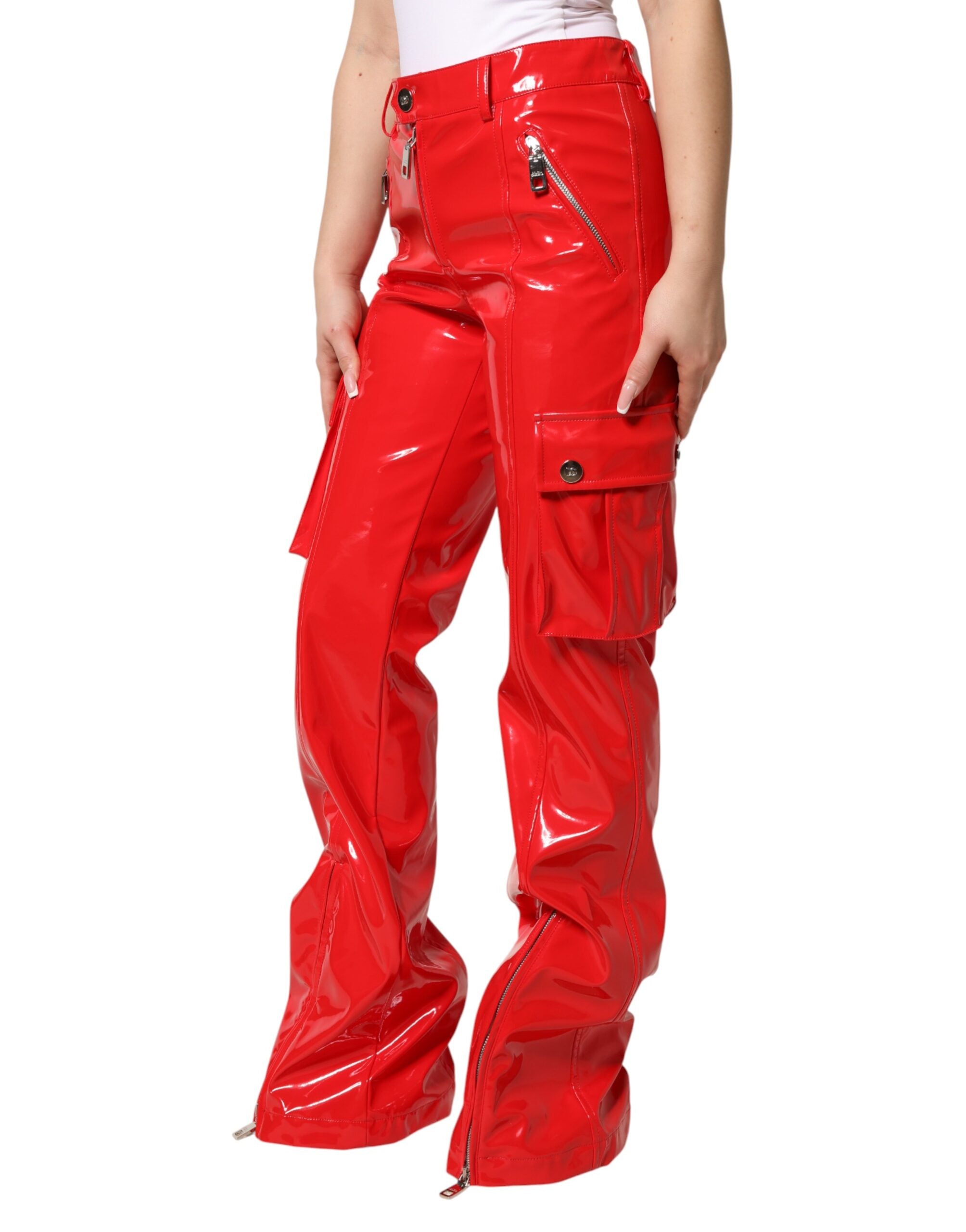 Dolce & Gabbana Red Glossy Polyester Cargo Boot Cut Pants Dolce & Gabbana