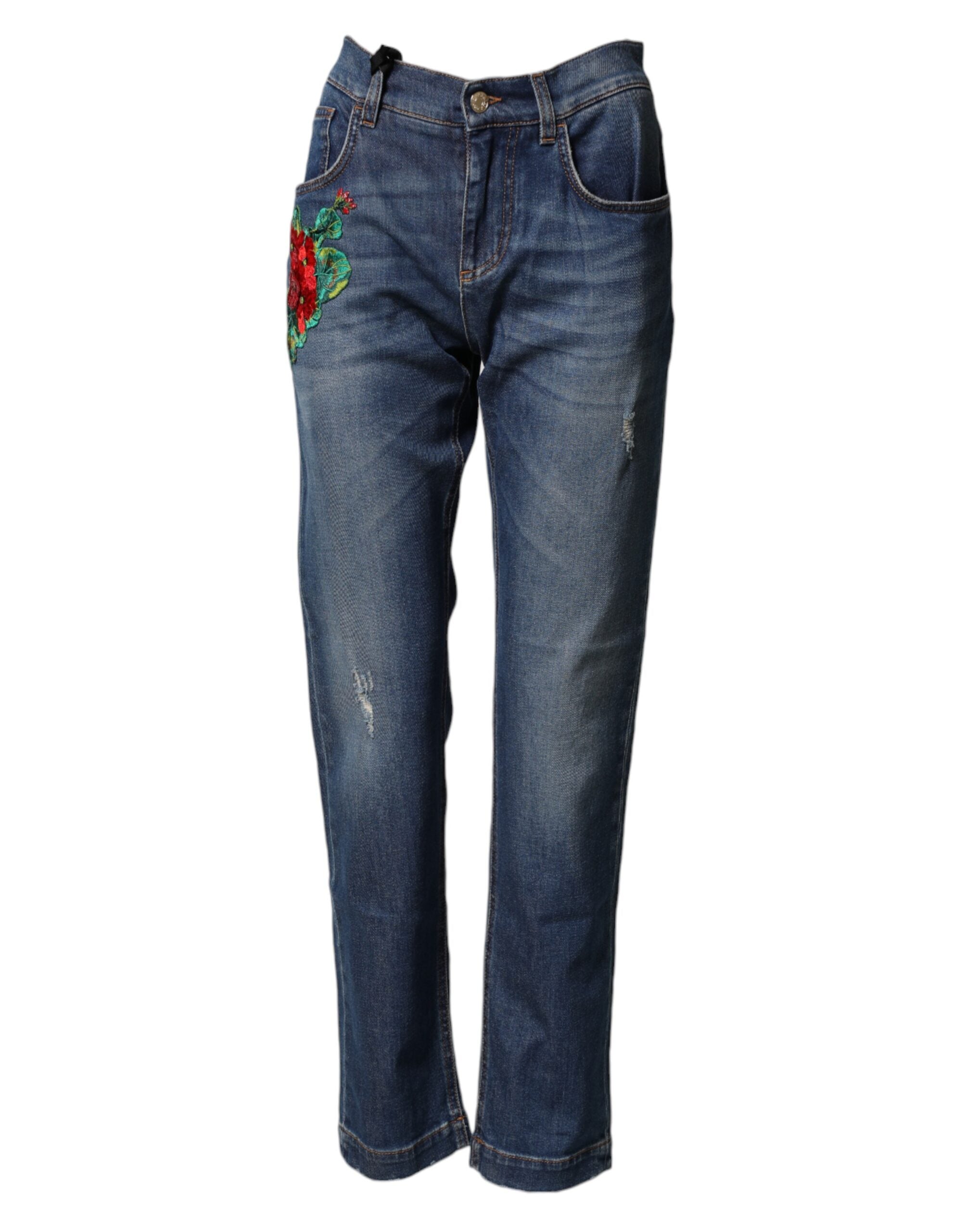 Dolce & Gabbana Blue Floral Embroidered BOYFRIEND Denim Jeans Dolce & Gabbana