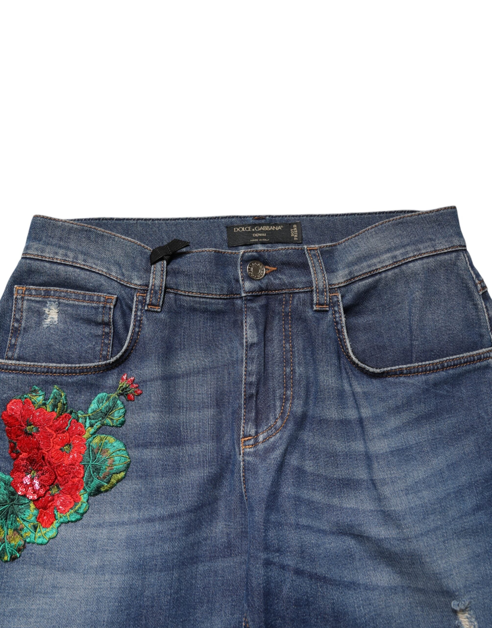 Dolce & Gabbana Blue Floral Embroidered BOYFRIEND Denim Jeans Dolce & Gabbana