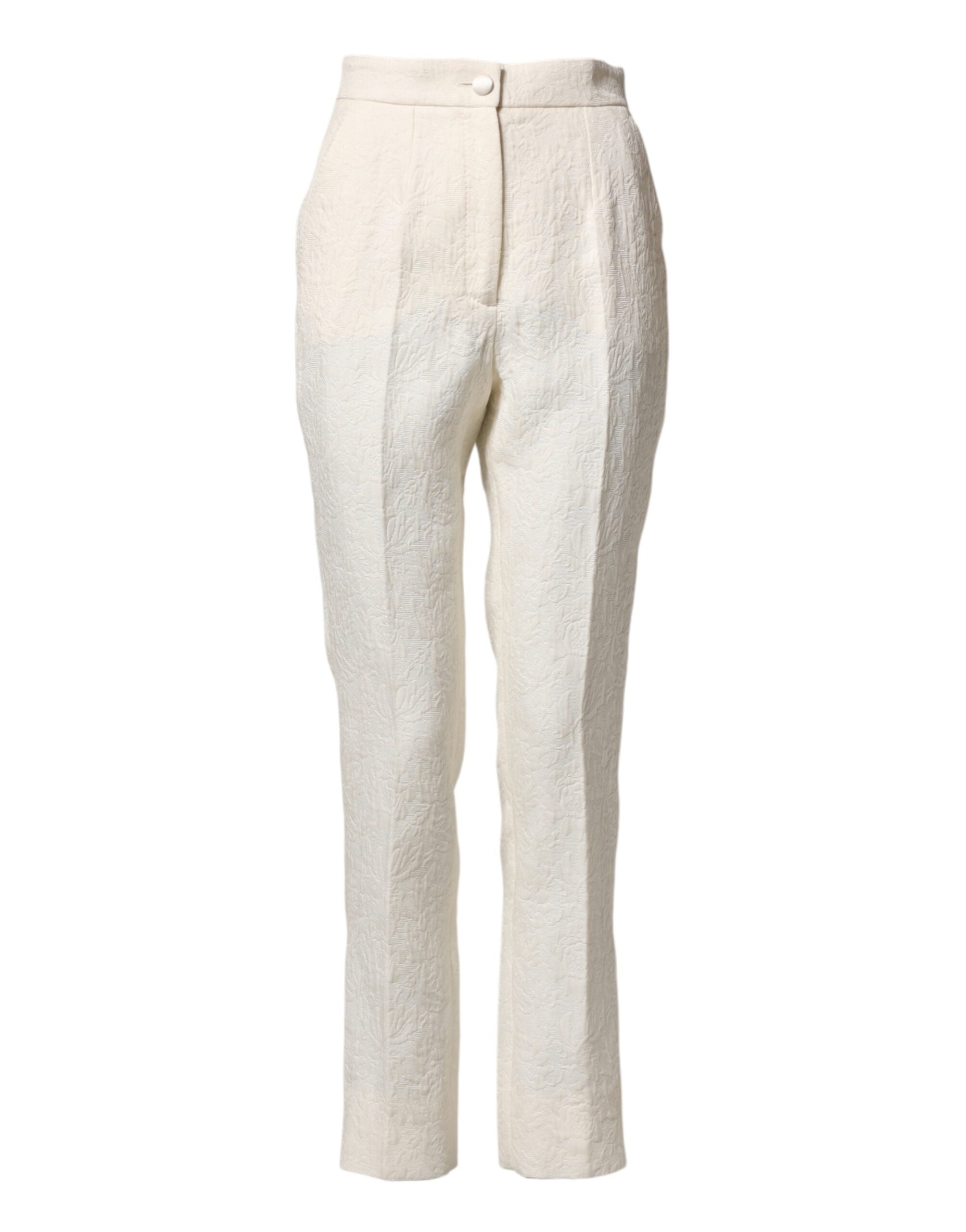 Dolce & Gabbana White Cotton Floral Brocade Dress Pants Dolce & Gabbana