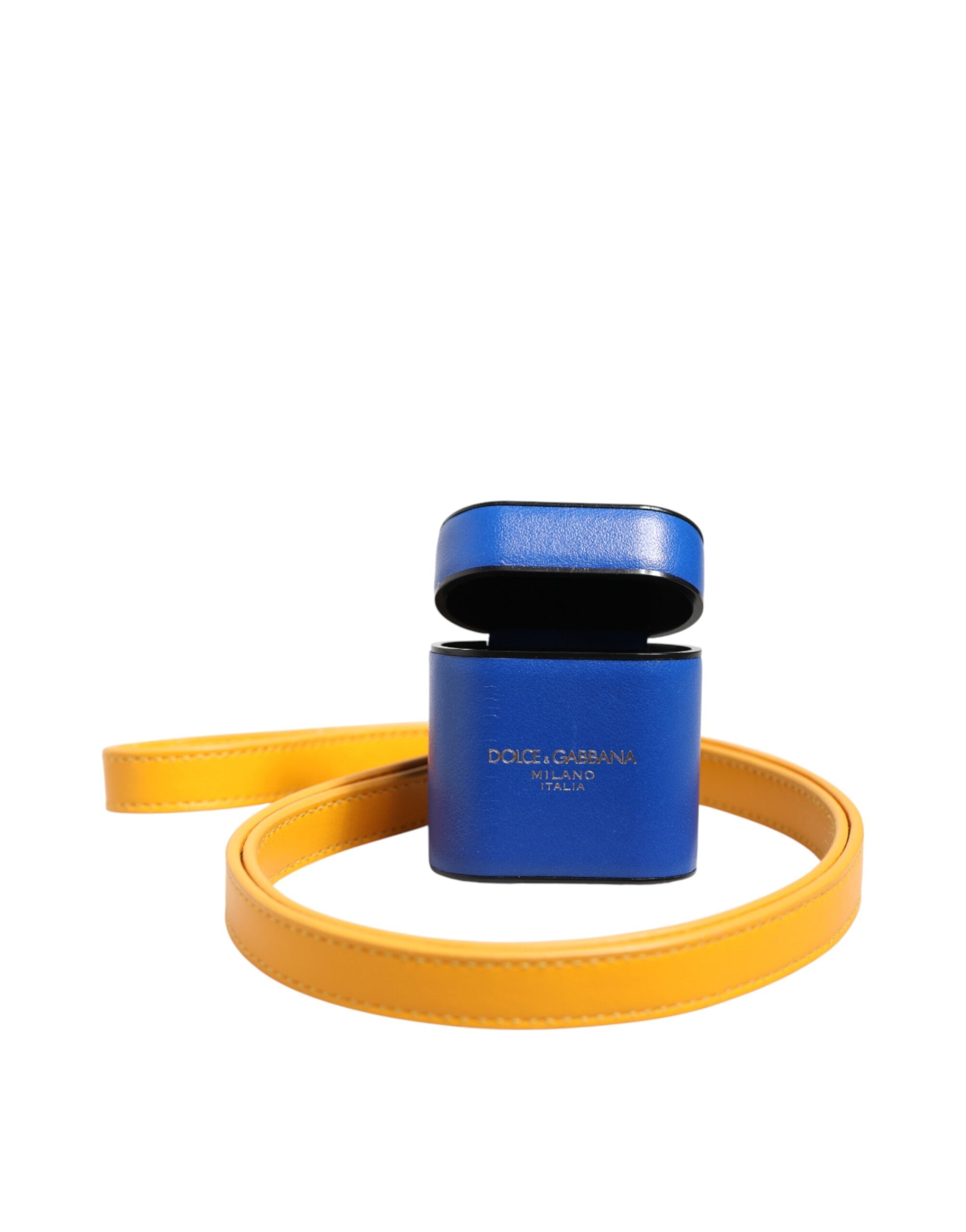 Dolce & Gabbana Blue Yellow Calfskin Leather Logo Strap Men Airpods Case Dolce & Gabbana