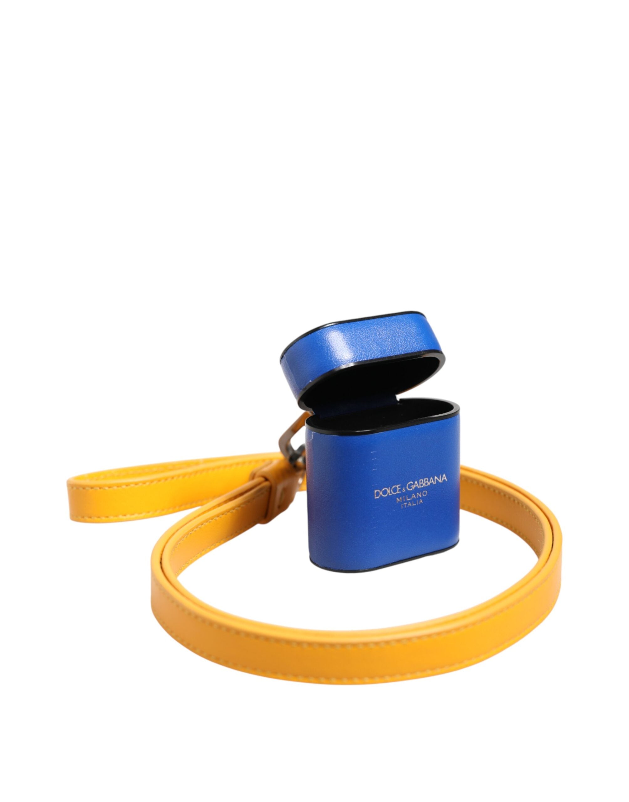 Dolce & Gabbana Blue Yellow Calfskin Leather Logo Strap Men Airpods Case Dolce & Gabbana