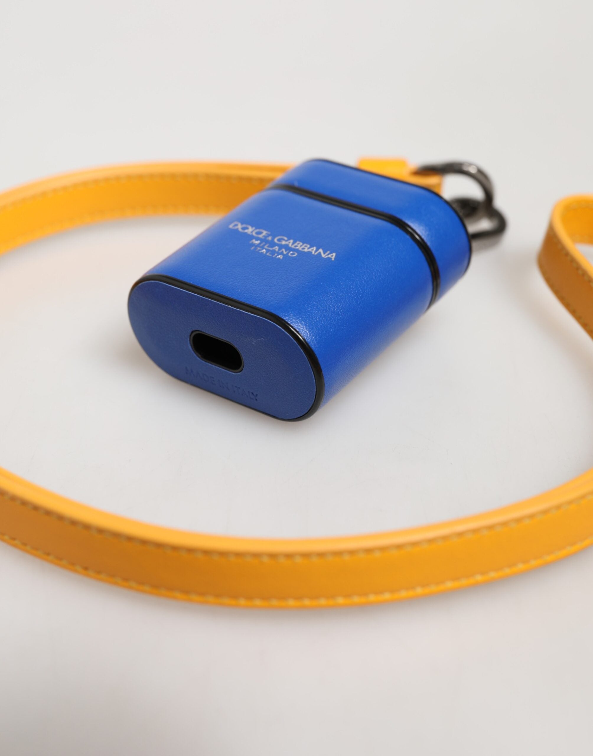 Dolce & Gabbana Blue Yellow Calfskin Leather Logo Strap Men Airpods Case Dolce & Gabbana
