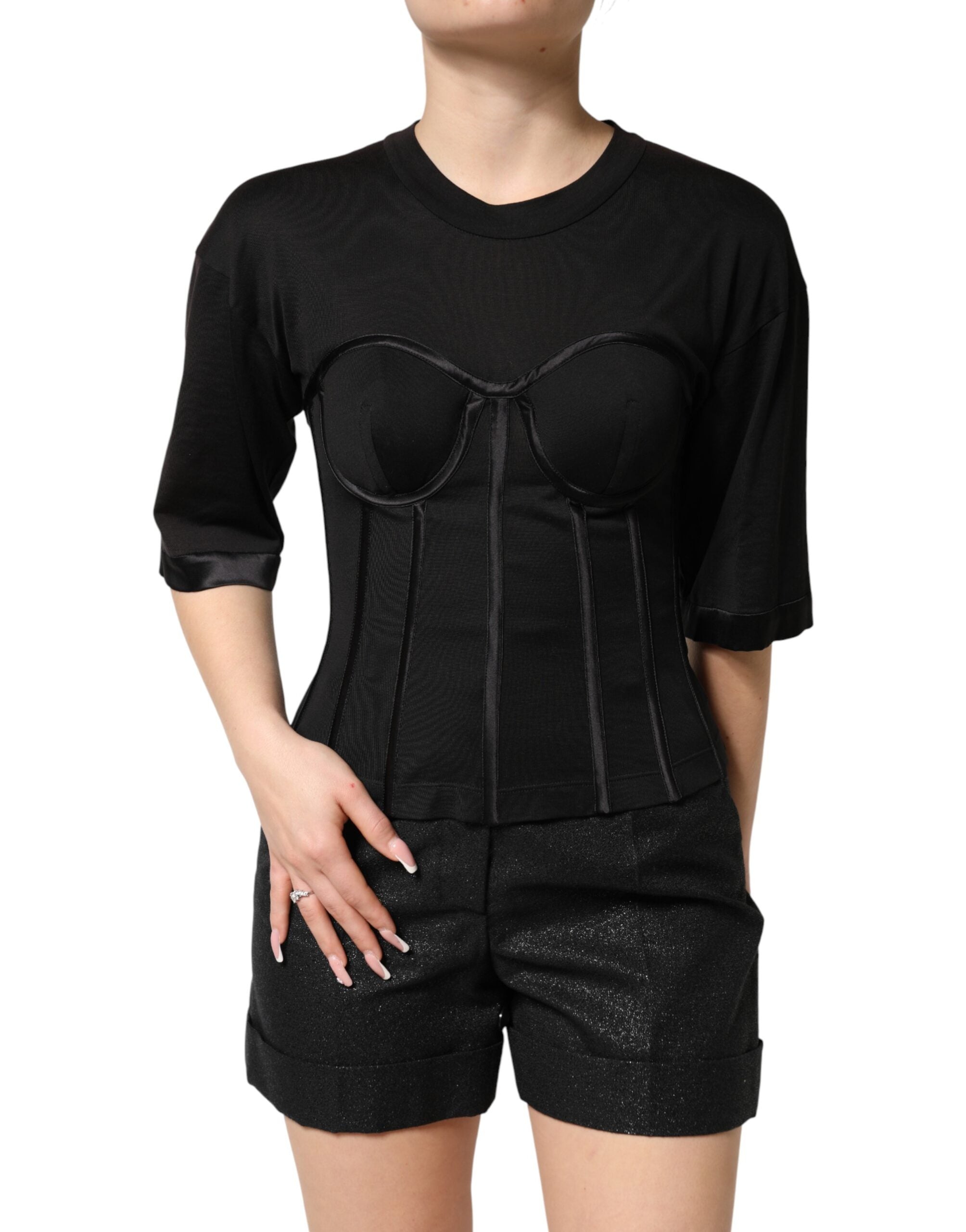 Dolce & Gabbana Black Cotton Bustier Corset Short Sleeves T-shirt Dolce & Gabbana