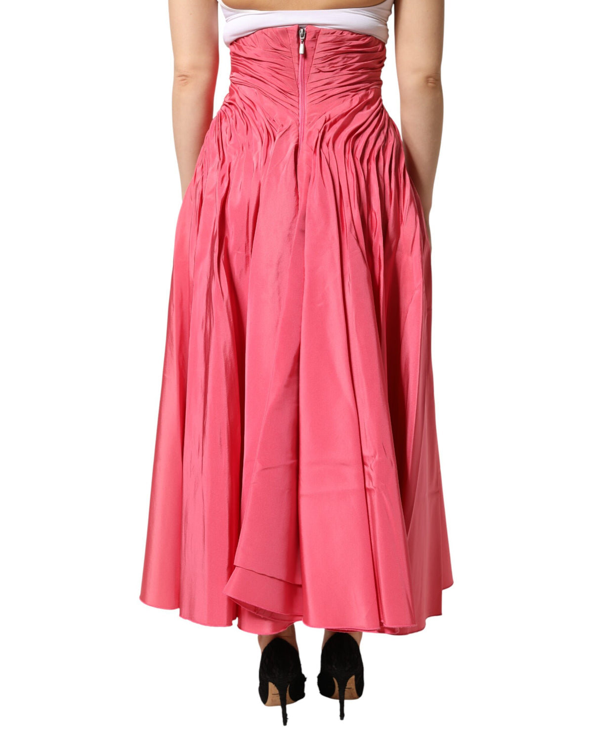 Dolce & Gabbana Pink Silk Pleated High Waist Midi Skirt