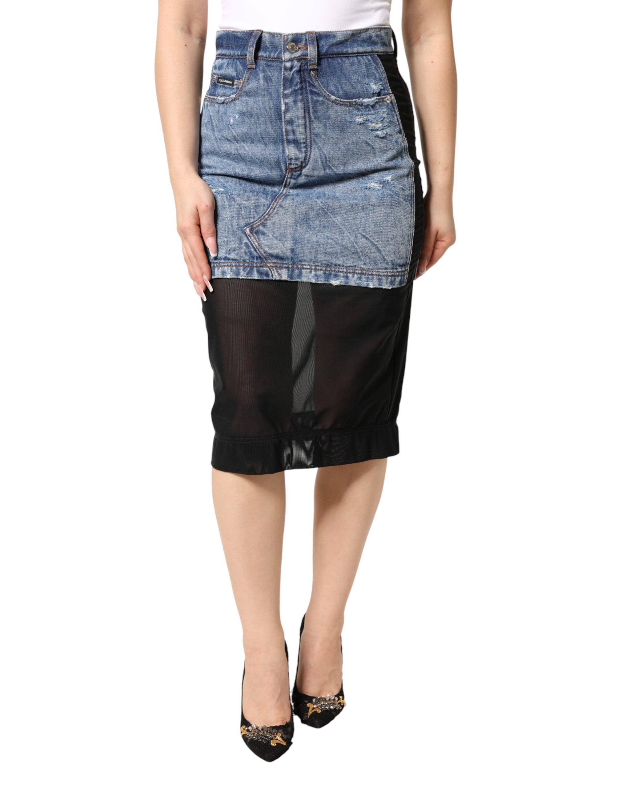 Dolce & Gabbana Blue Black Cotton Denim Sheer Midi Skirt Dolce & Gabbana