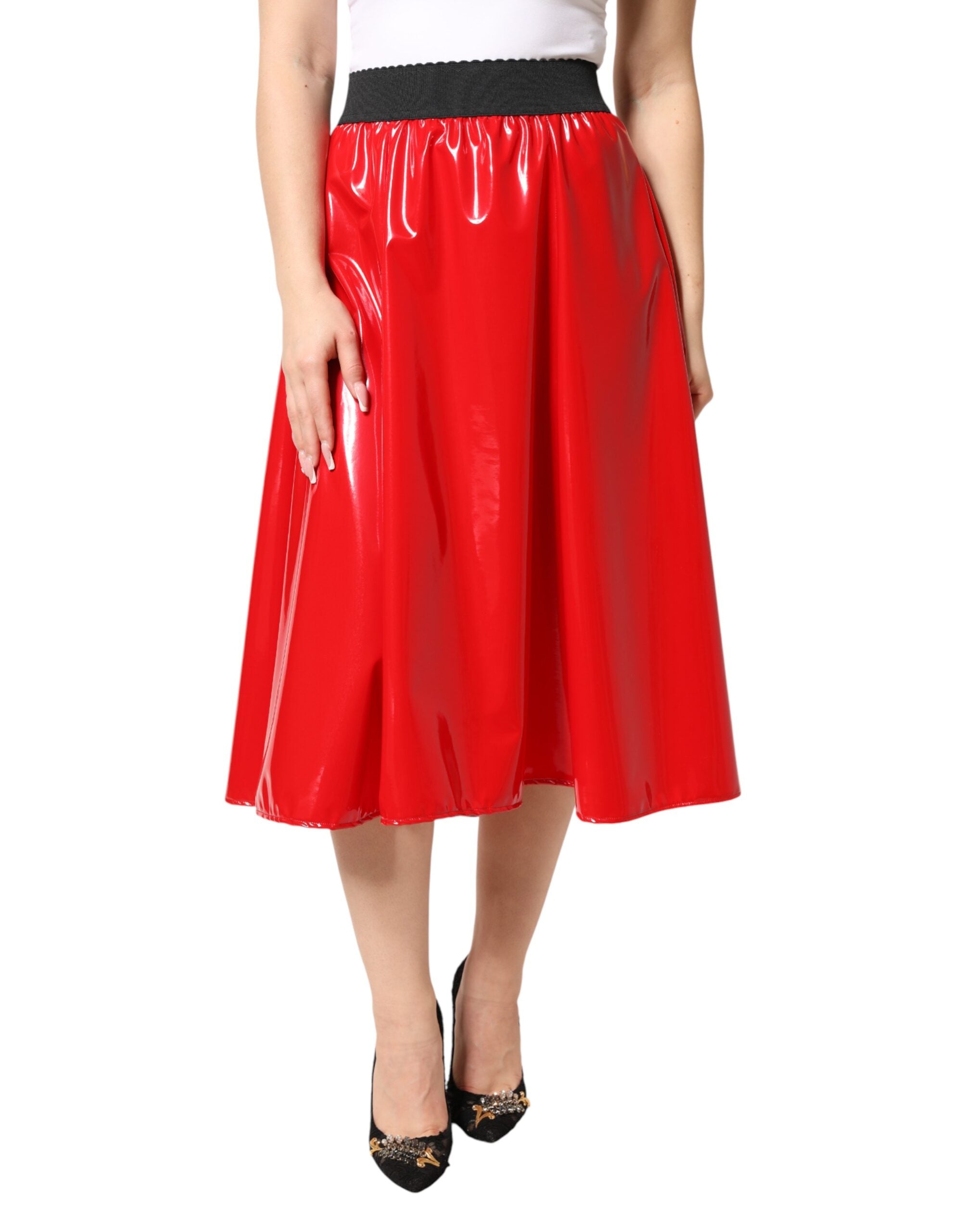 Dolce & Gabbana Glossy Red Polyester High Waist Midi Skirt Dolce & Gabbana