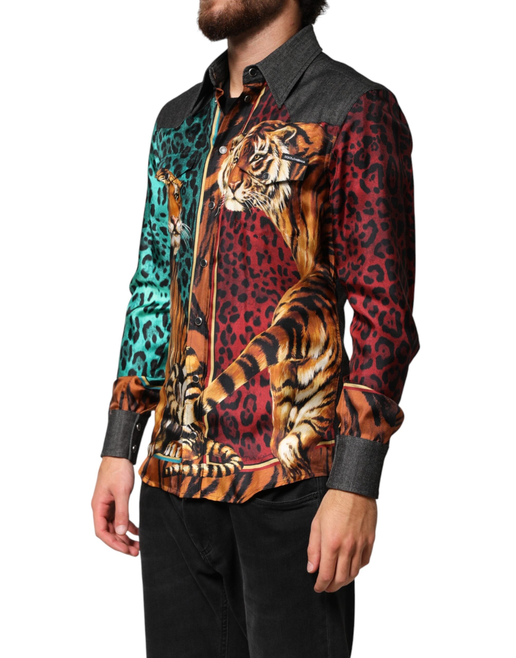 Dolce & Gabbana Multicolor Tiger Leopard Print Silk Men Shirt Dolce & Gabbana