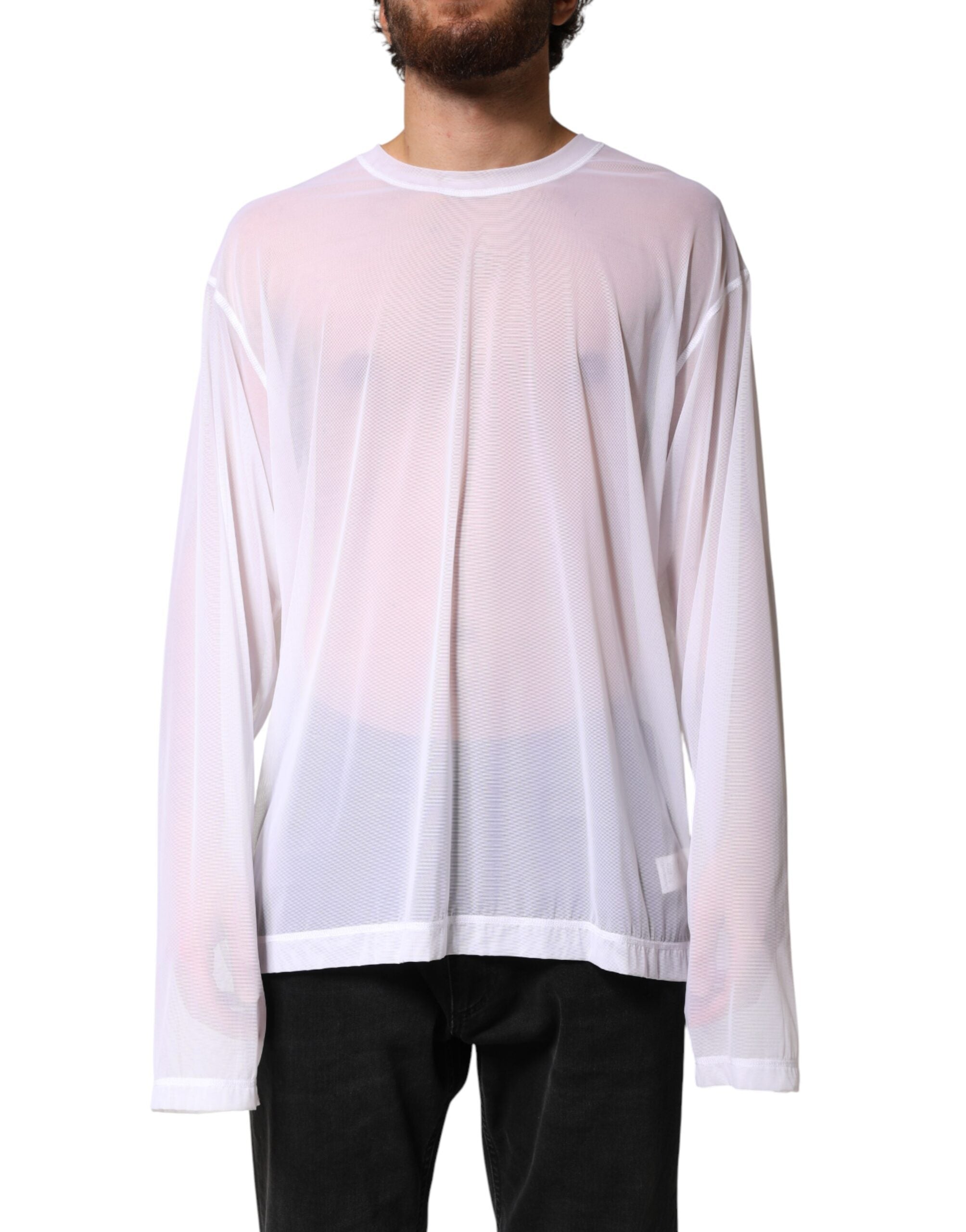 Dolce & Gabbana White Nylon Long Sleeves Crewneck T-Shirt Dolce & Gabbana