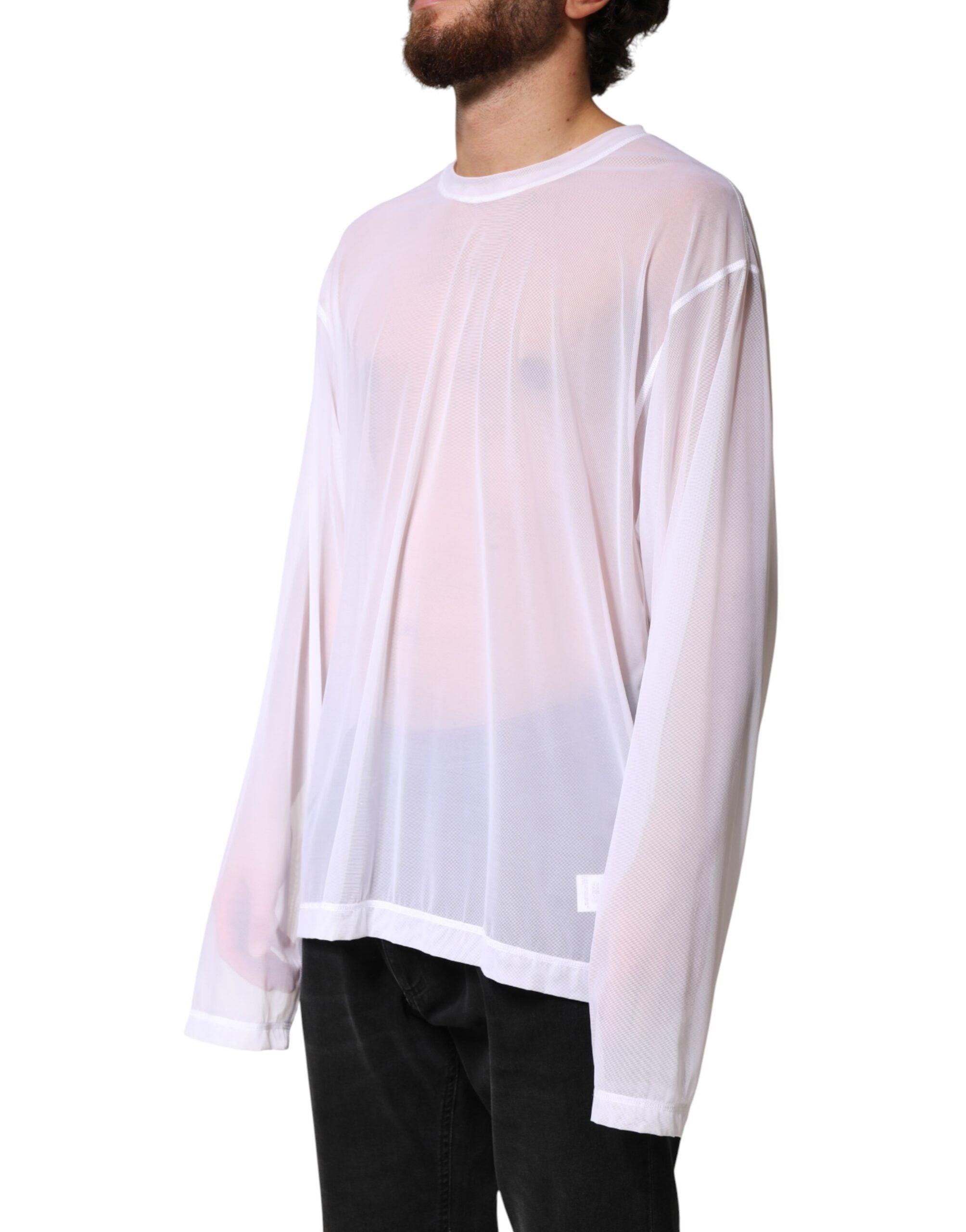 Dolce & Gabbana White Nylon Long Sleeves Crewneck T-Shirt Dolce & Gabbana