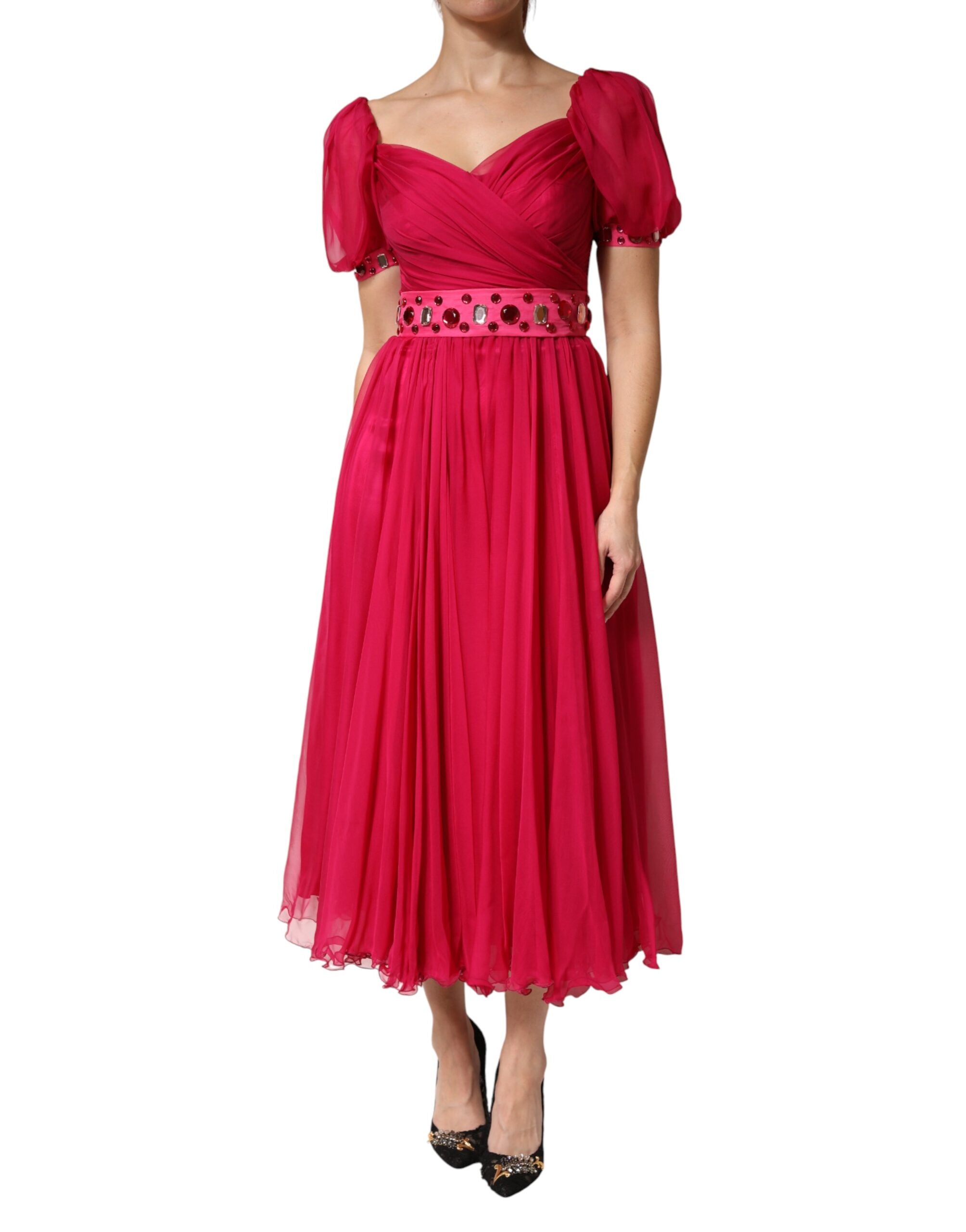 Dolce & Gabbana Pink Silk Embellished A-line Midi Dress Dolce & Gabbana