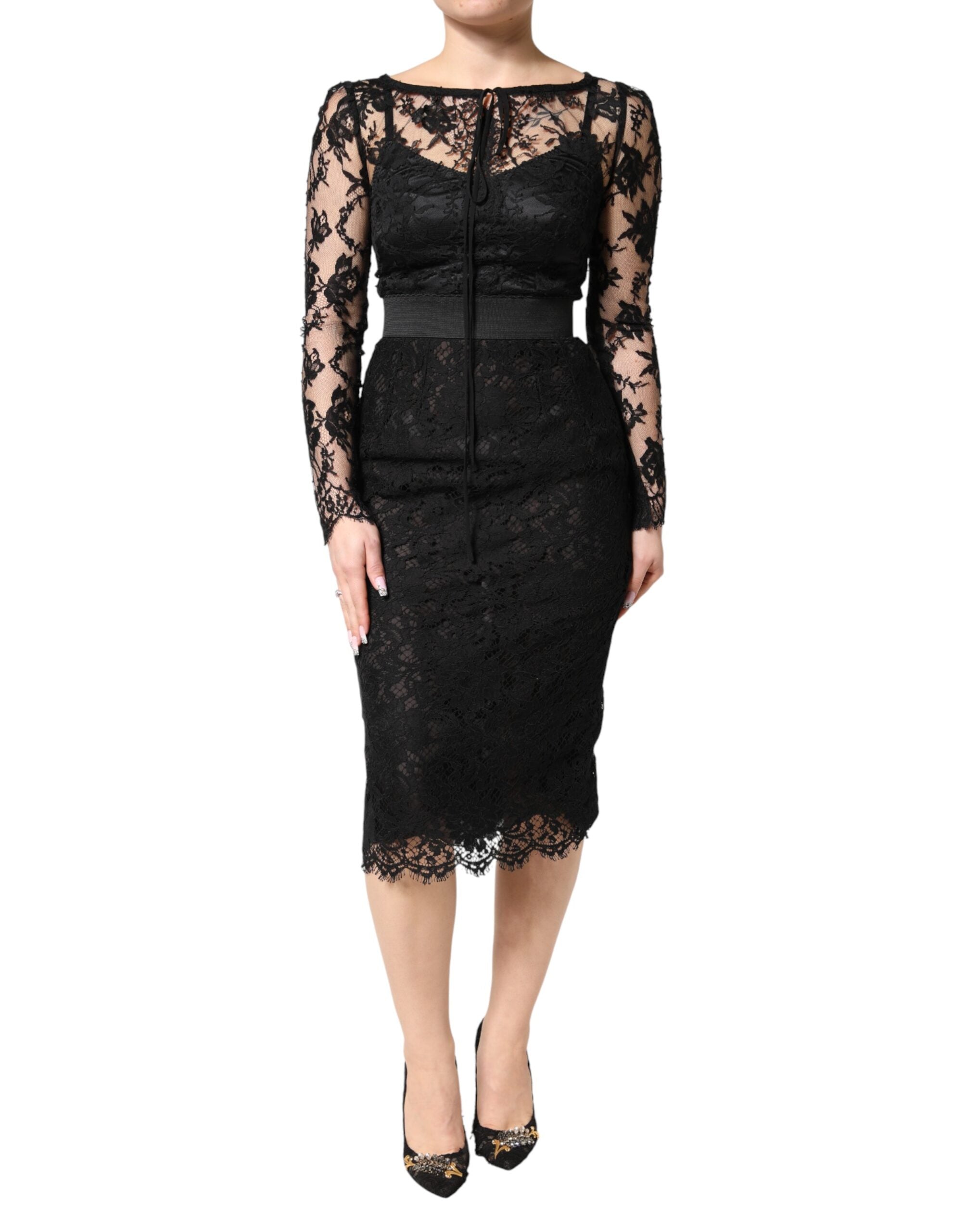 Dolce & Gabbana Black Lace Trim Cotton Sheath Midi Dress Dolce & Gabbana