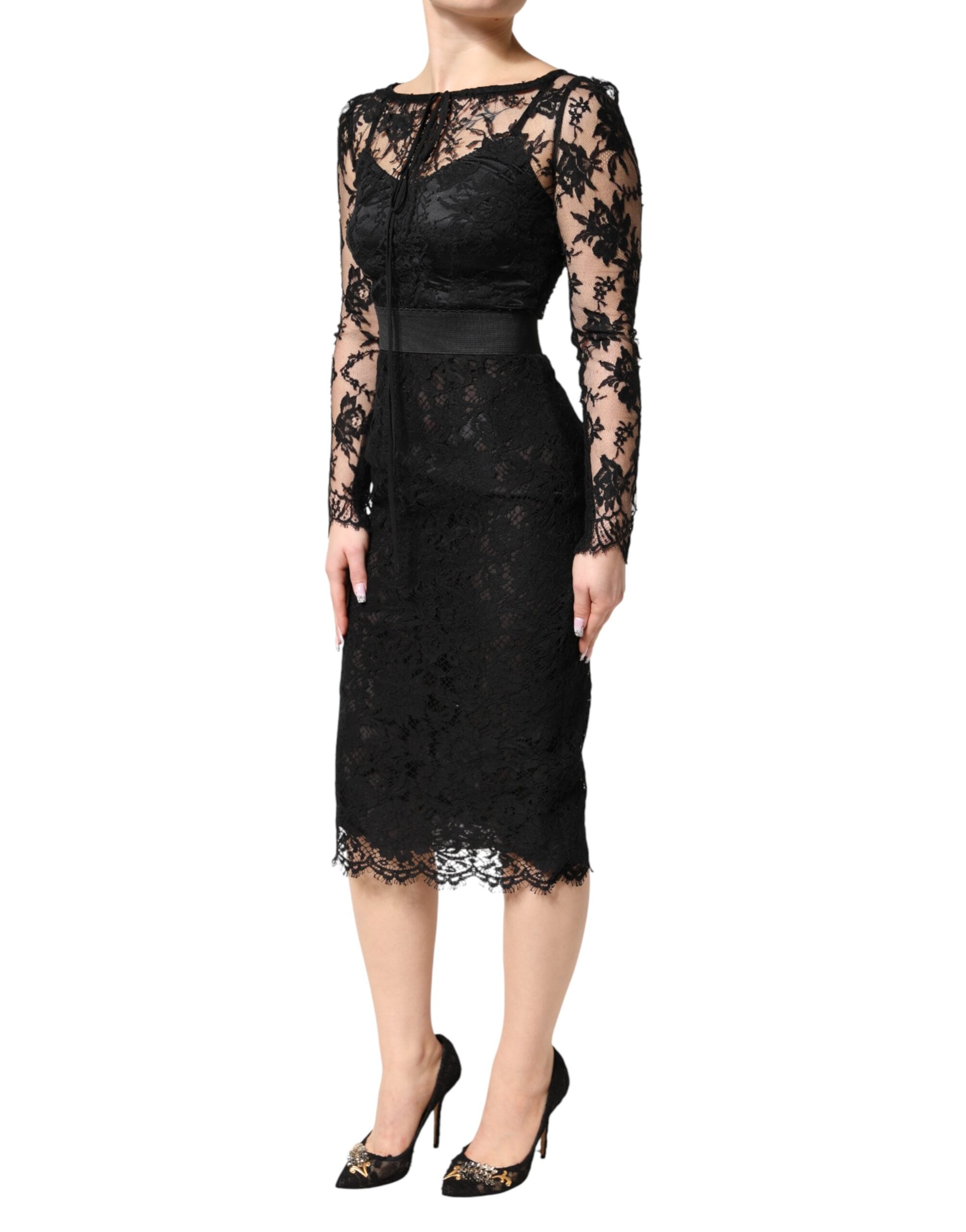 Dolce & Gabbana Black Lace Trim Cotton Sheath Midi Dress Dolce & Gabbana