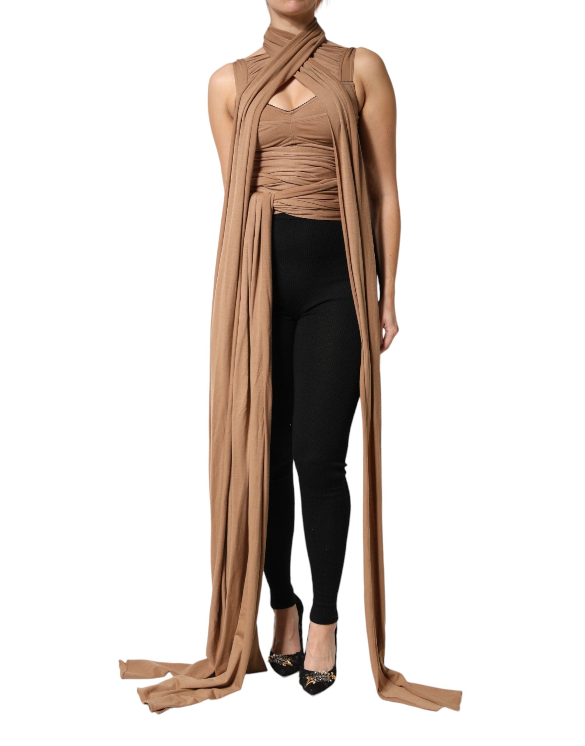 Dolce & Gabbana Brown Virgin Wool Sleeveless Scarf Tank Top Dolce & Gabbana