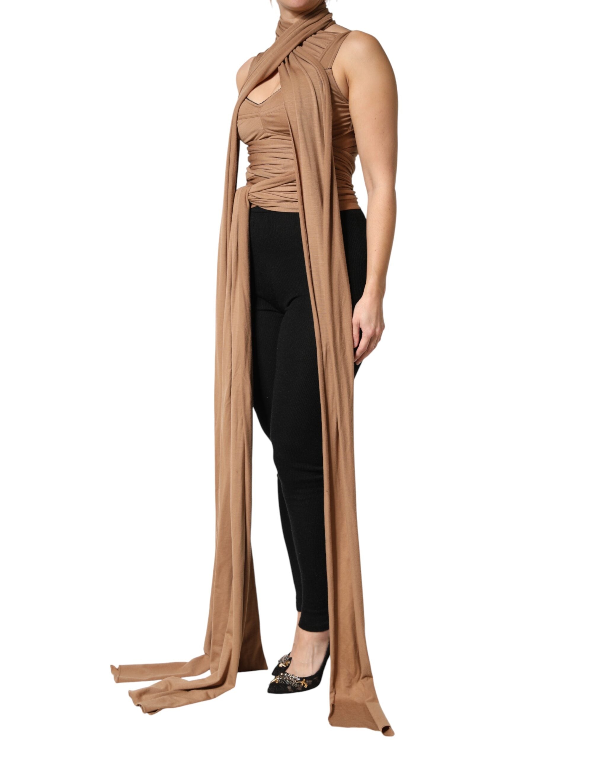 Dolce & Gabbana Brown Virgin Wool Sleeveless Scarf Tank Top Dolce & Gabbana