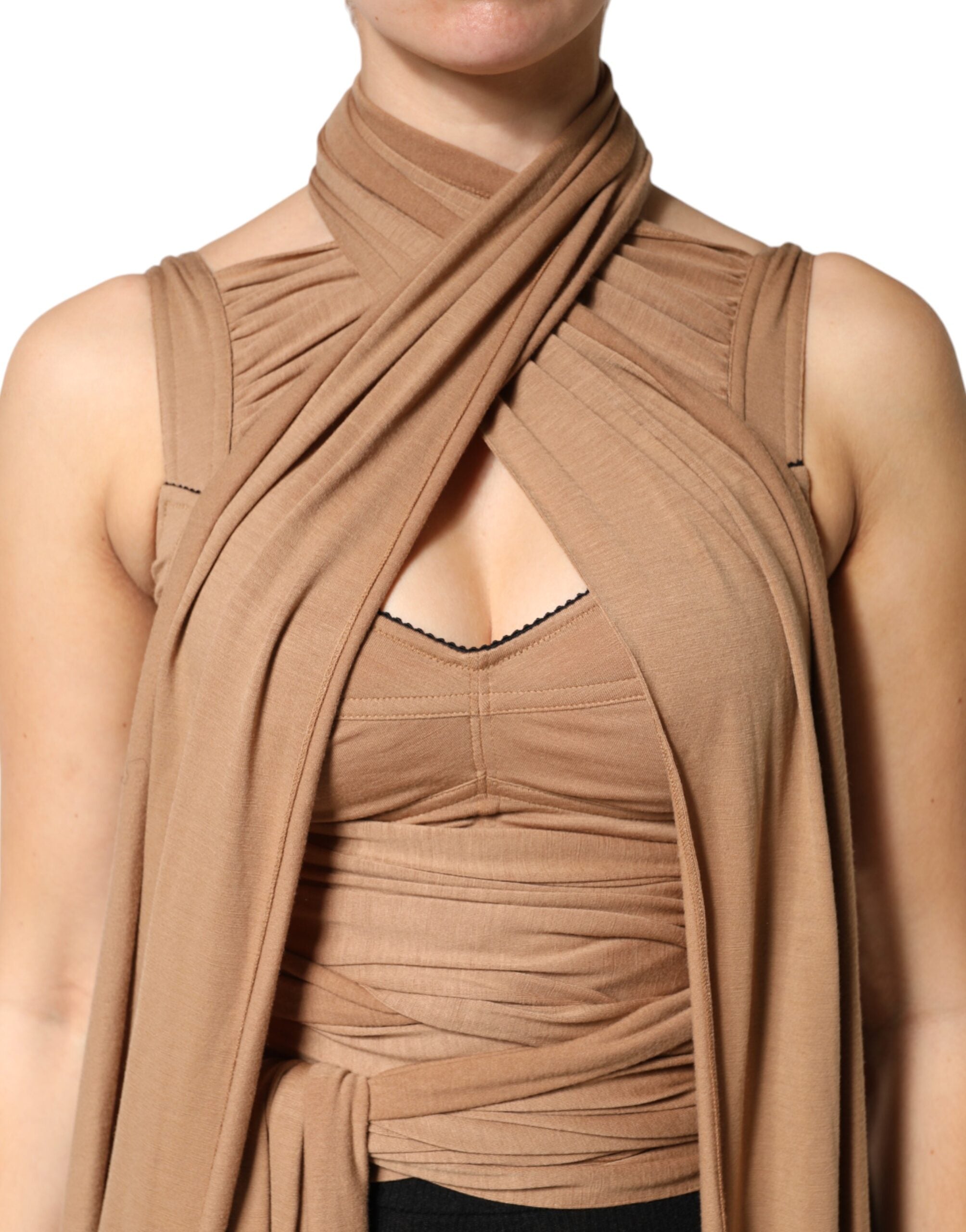 Dolce & Gabbana Brown Virgin Wool Sleeveless Scarf Tank Top Dolce & Gabbana