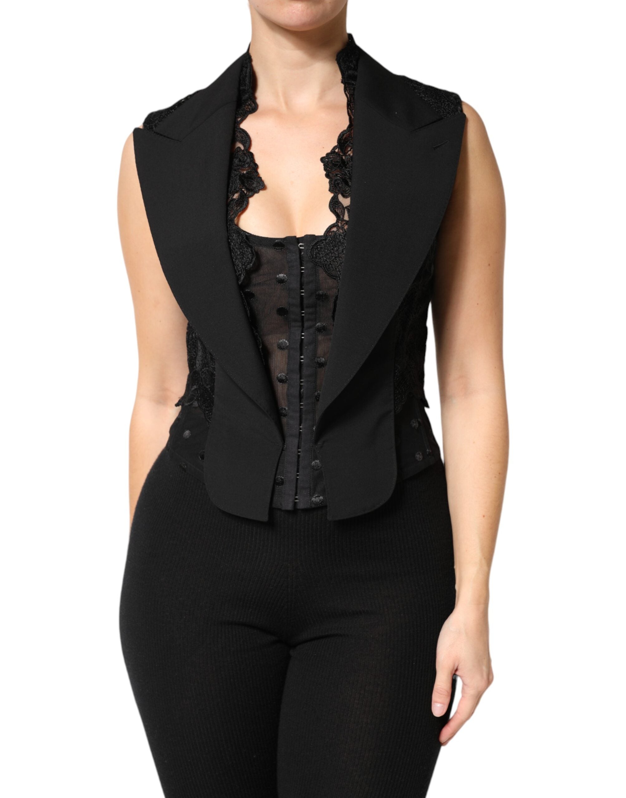 Dolce & Gabbana Black Lace V-neck Slit Hem Gathered Waist Vest Jacket Dolce & Gabbana