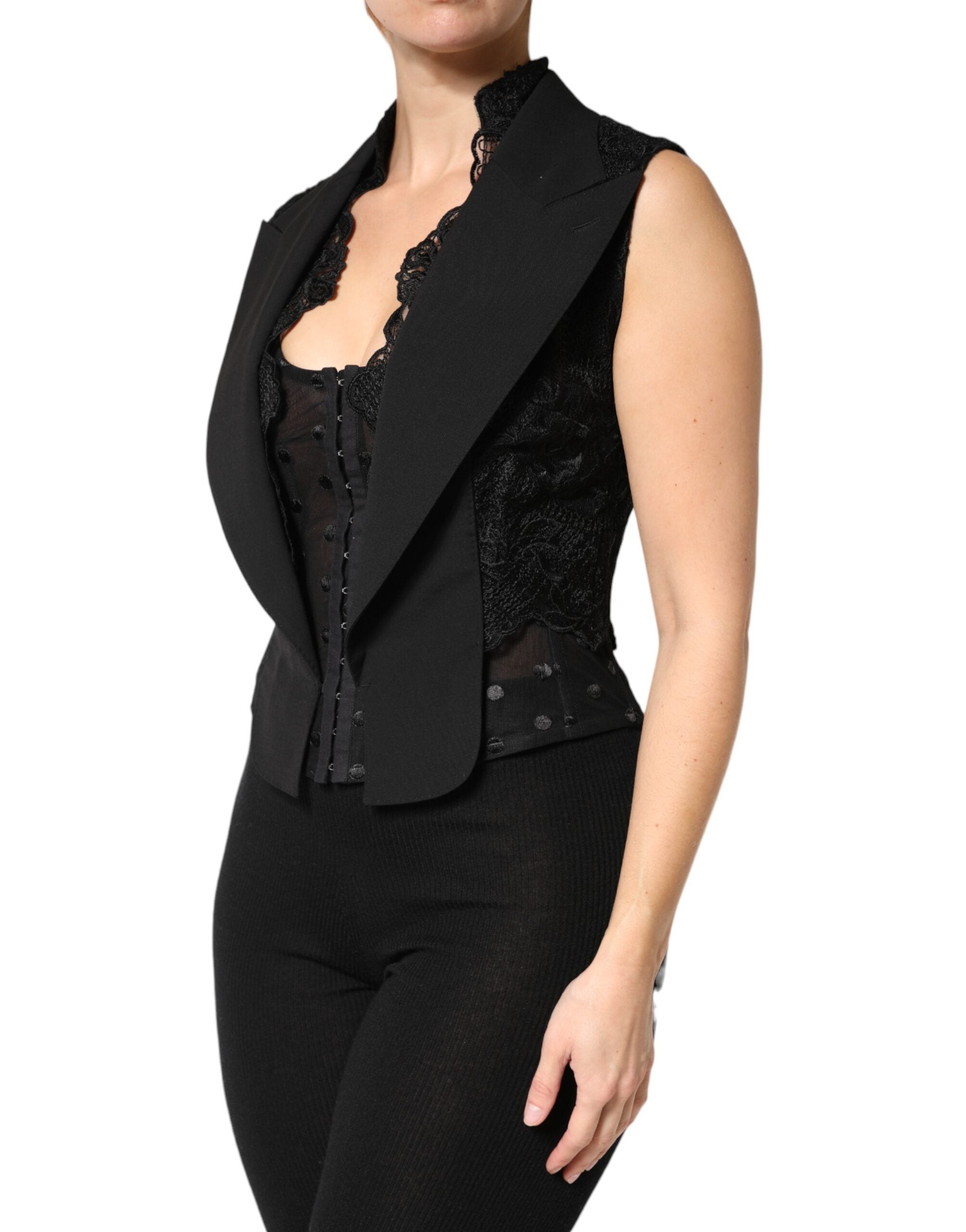 Dolce & Gabbana Black Lace V-neck Slit Hem Gathered Waist Vest Jacket Dolce & Gabbana