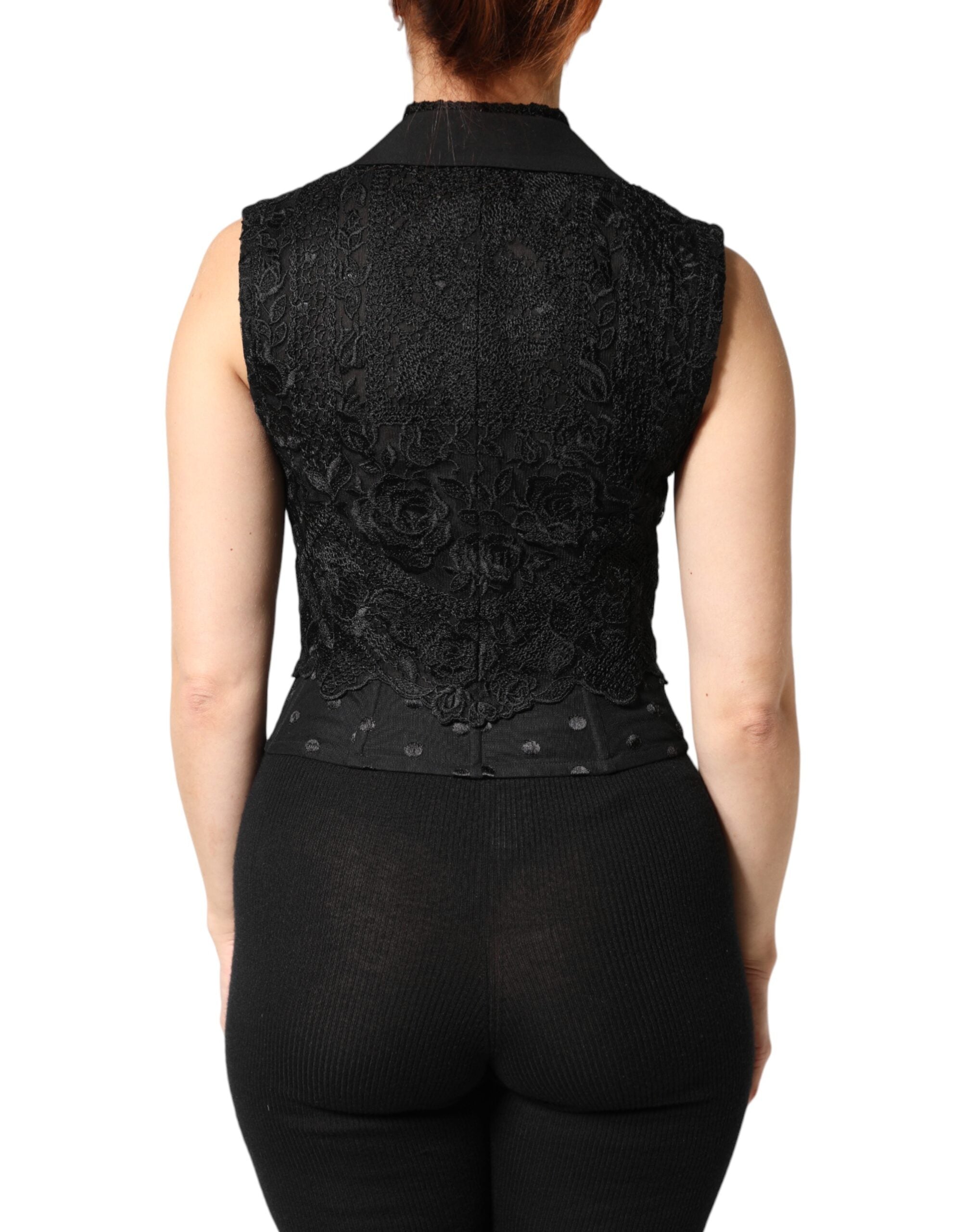 Dolce & Gabbana Black Lace V-neck Slit Hem Gathered Waist Vest Jacket Dolce & Gabbana