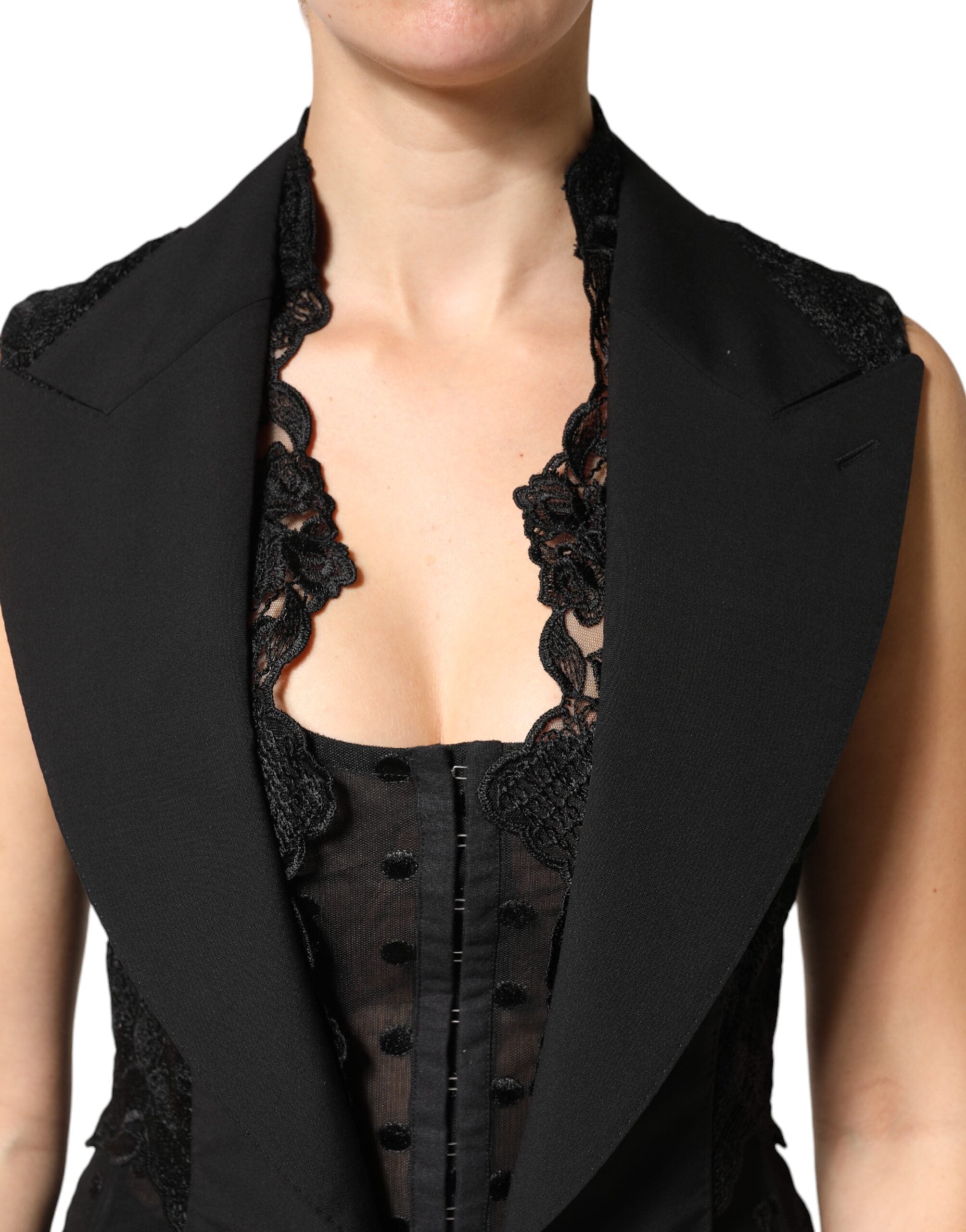 Dolce & Gabbana Black Lace V-neck Slit Hem Gathered Waist Vest Jacket Dolce & Gabbana
