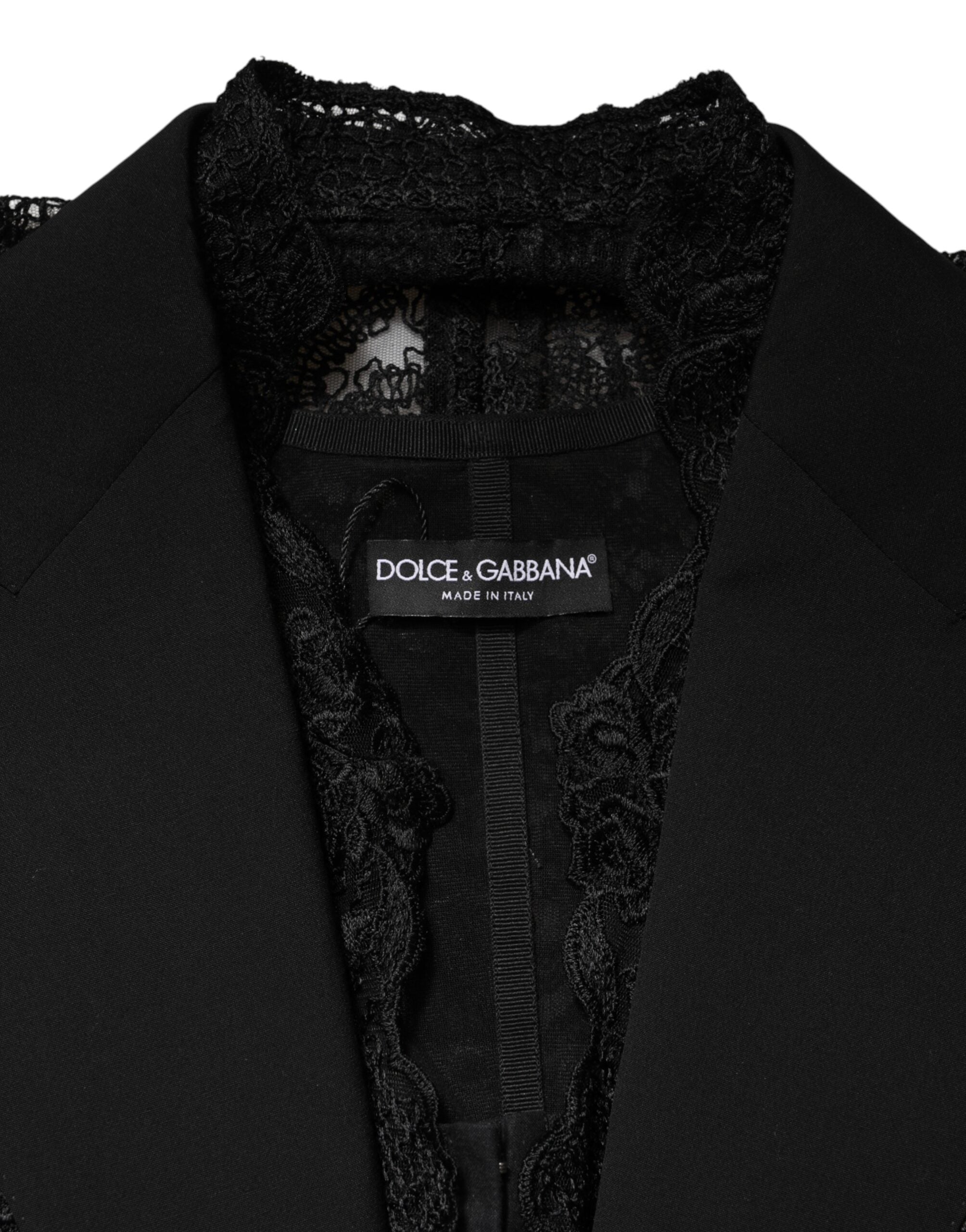 Dolce & Gabbana Black Lace V-neck Slit Hem Gathered Waist Vest Jacket Dolce & Gabbana
