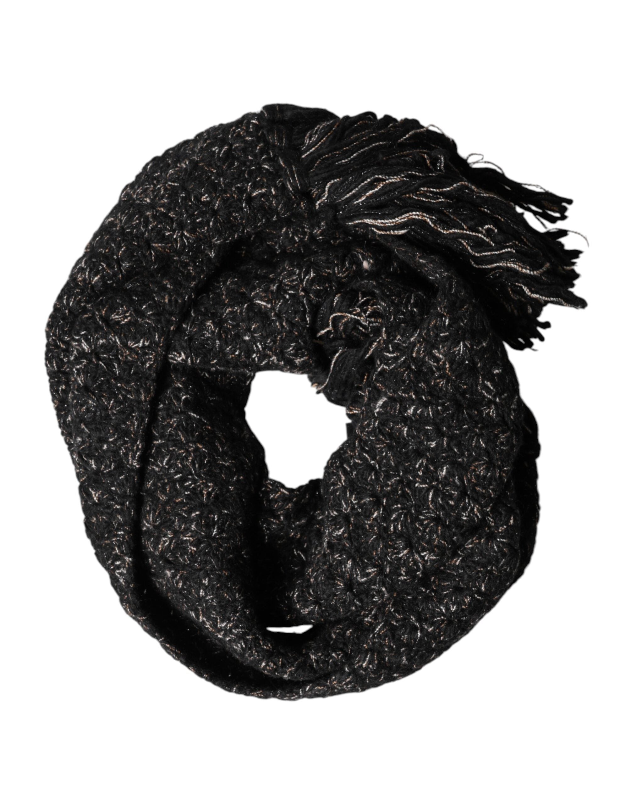 Dolce & Gabbana Black Wool Fringes Neck Wrap Foulard Scarf Dolce & Gabbana