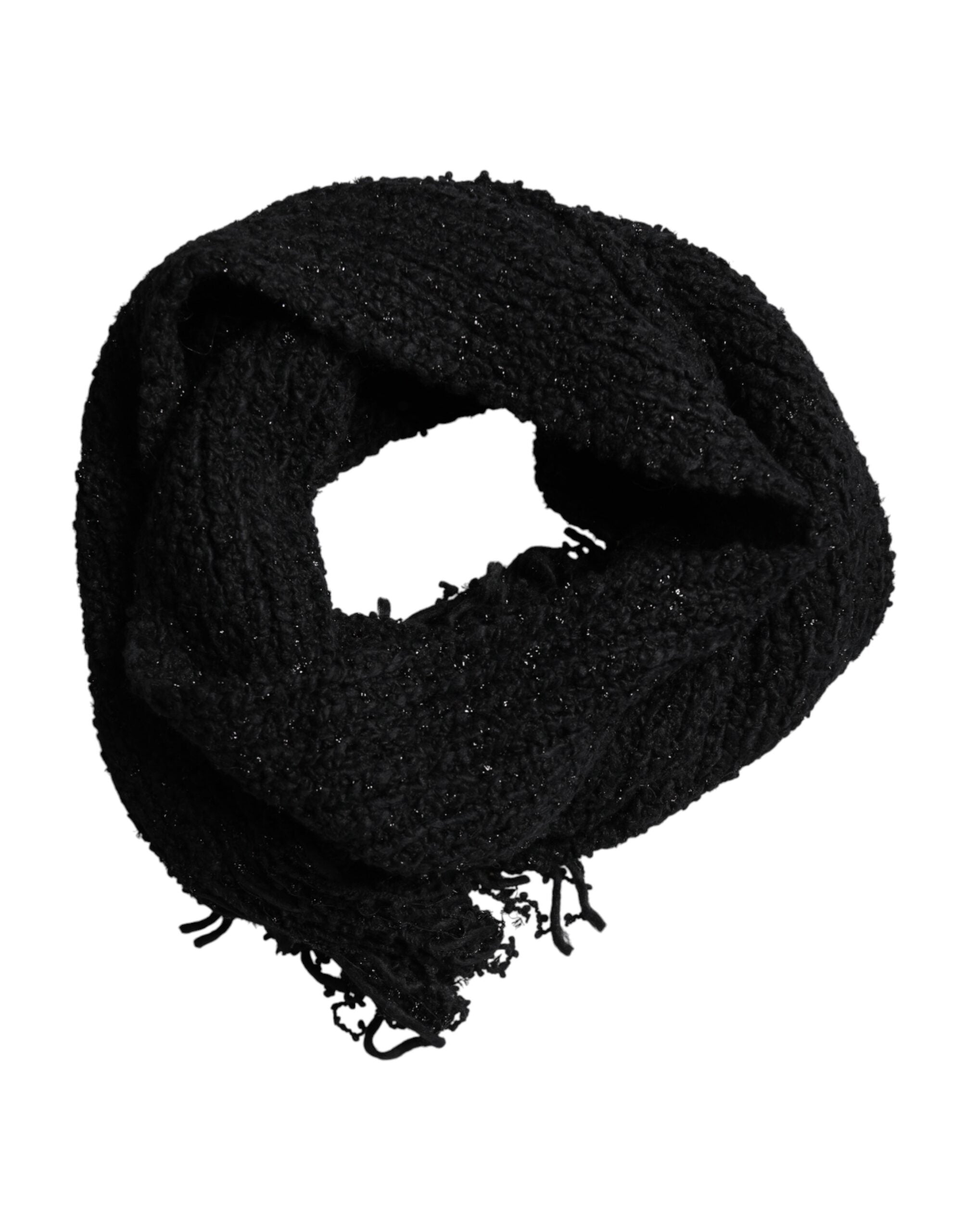Dolce & Gabbana Black Wool Fringes Neck Wrap Foulard Scarf Dolce & Gabbana