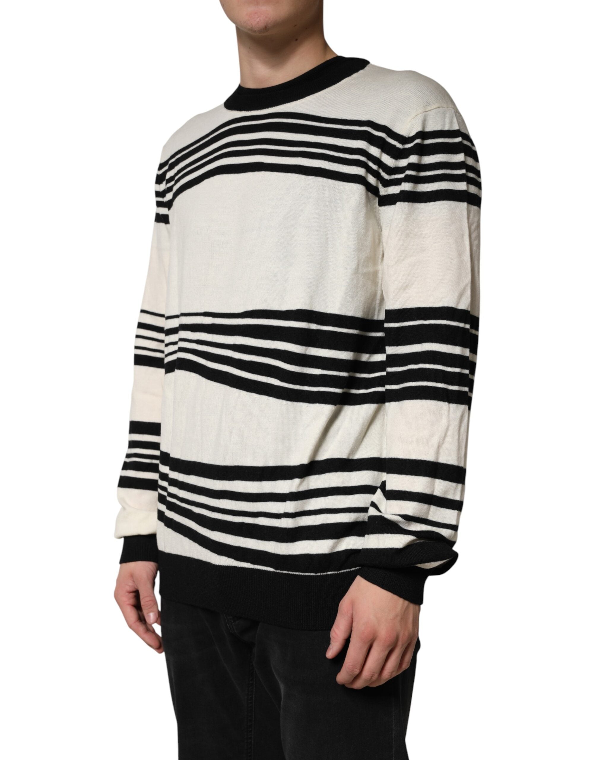 Dolce & Gabbana Black White Stripe CrewNeck Pullover Sweater Dolce & Gabbana