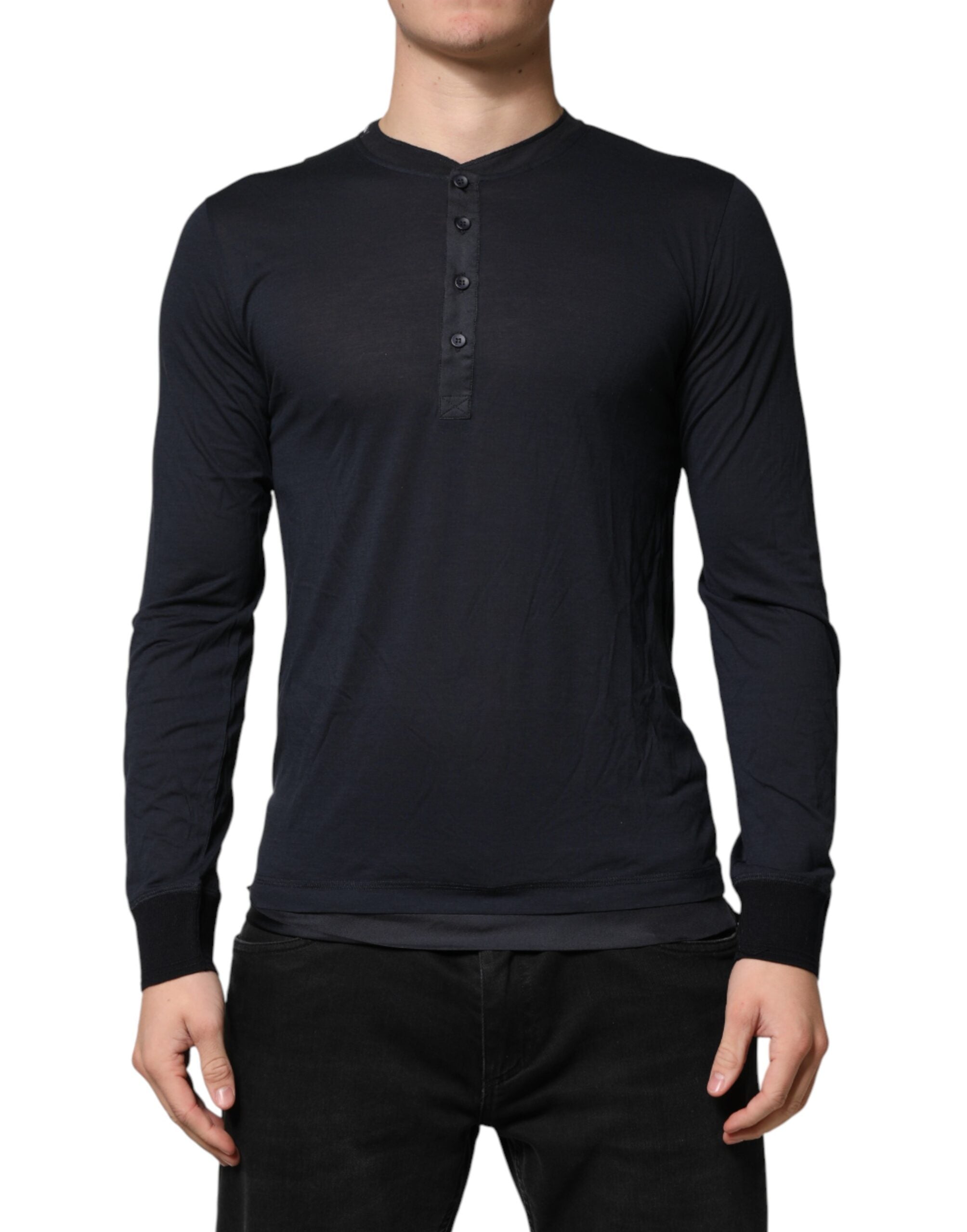 Dolce & Gabbana Dark Blue Cotton Henley Long Sleeves T-Shirt Dolce & Gabbana