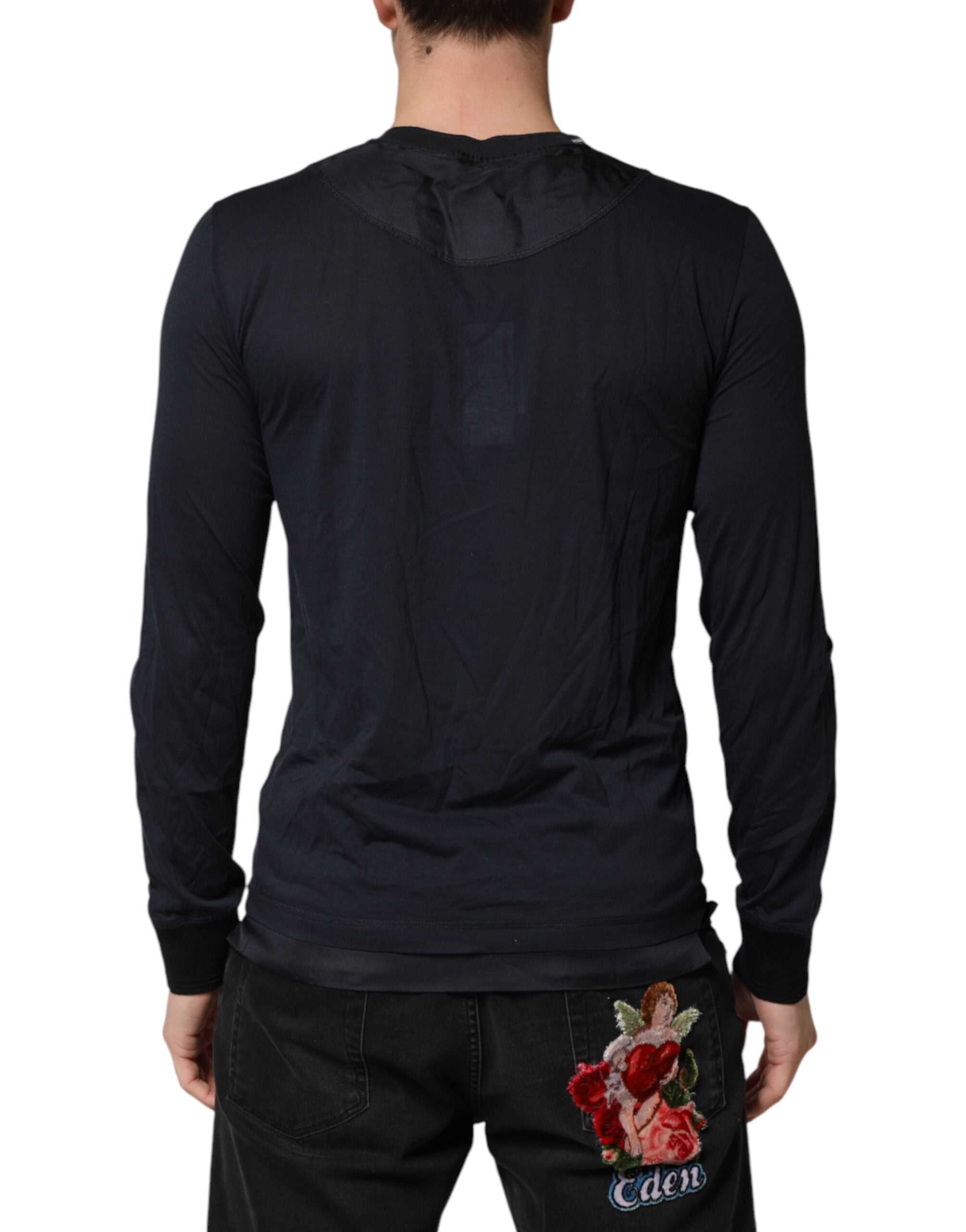 Dolce & Gabbana Dark Blue Cotton Henley Long Sleeves T-Shirt Dolce & Gabbana