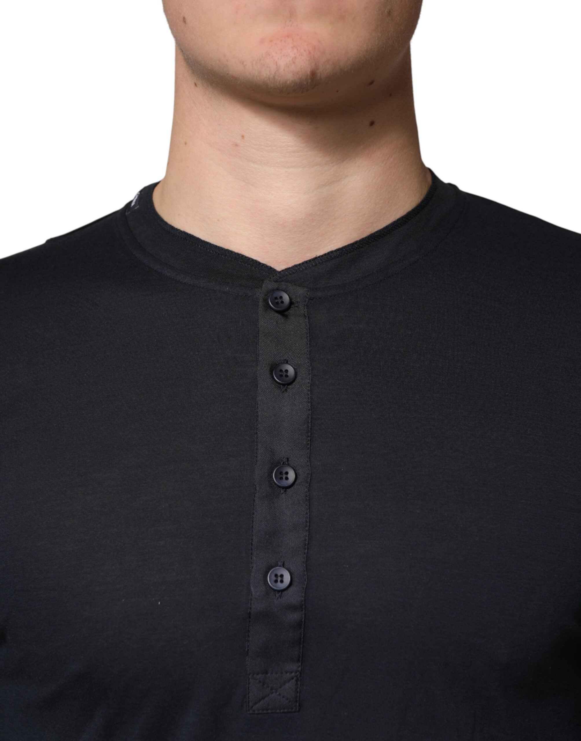 Dolce & Gabbana Dark Blue Cotton Henley Long Sleeves T-Shirt Dolce & Gabbana