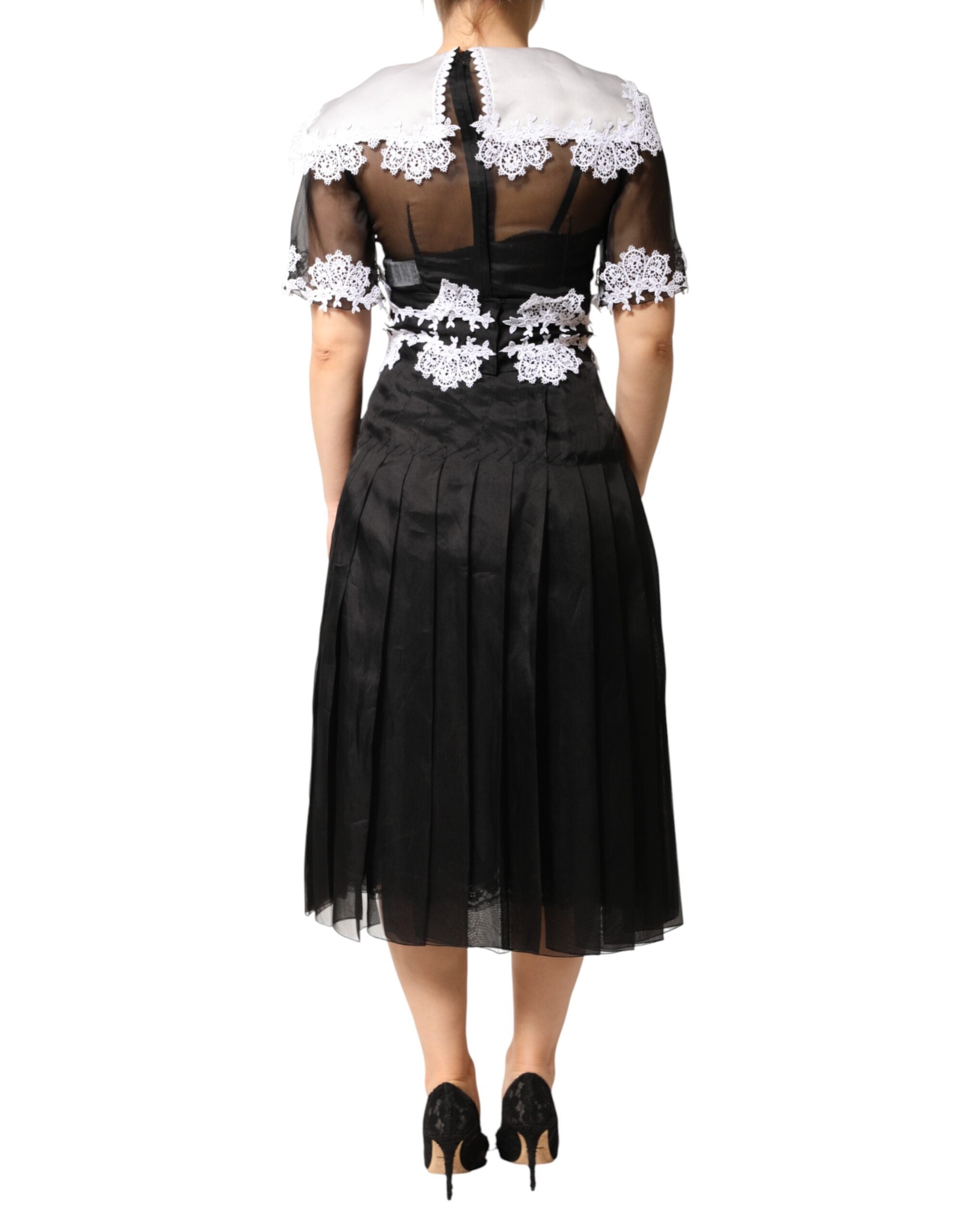 Dolce & Gabbana Black White Silk Macrame Lace Midi Dress Dolce & Gabbana