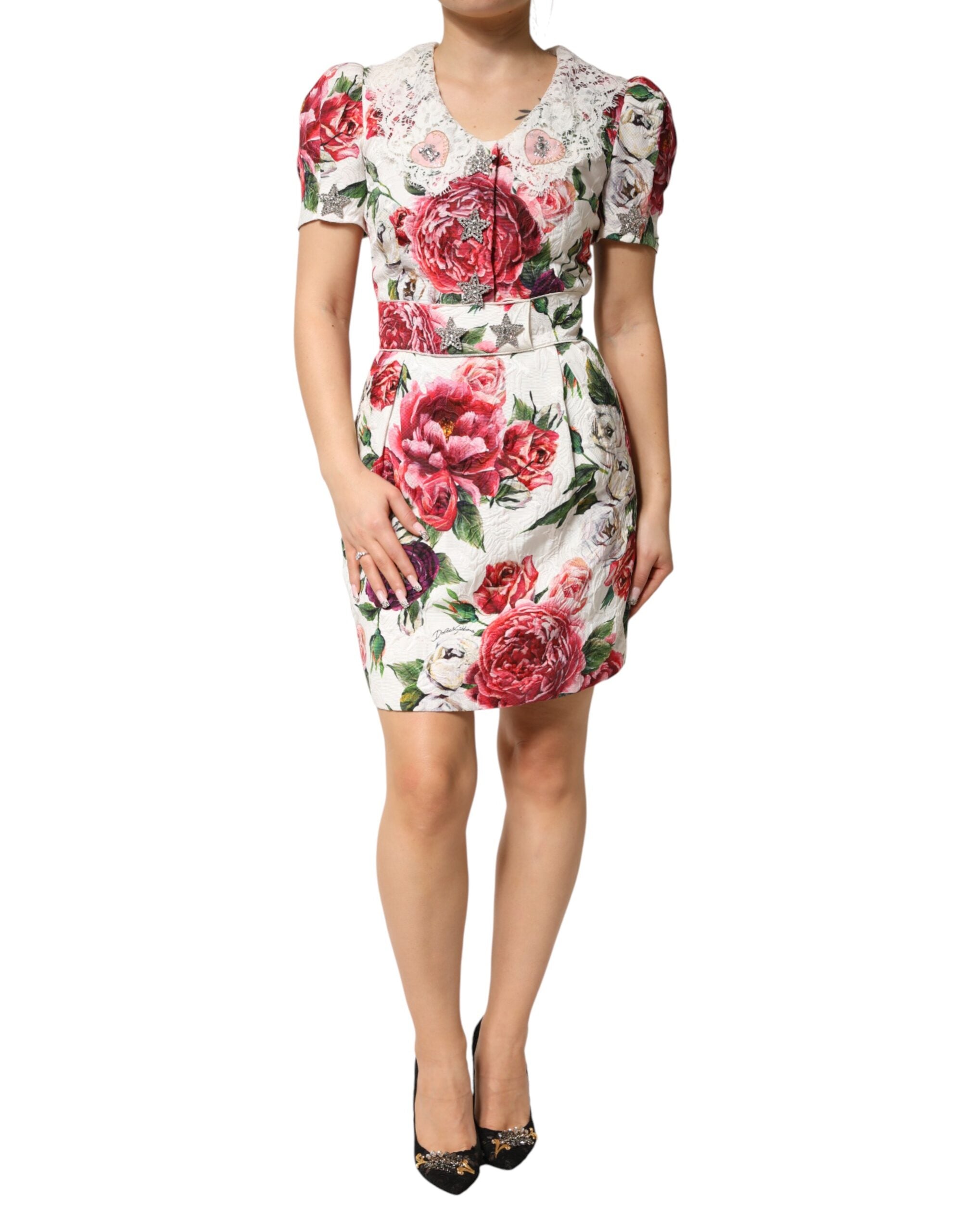 Dolce & Gabbana White Floral Embellished Sheath Mini Dress Dolce & Gabbana