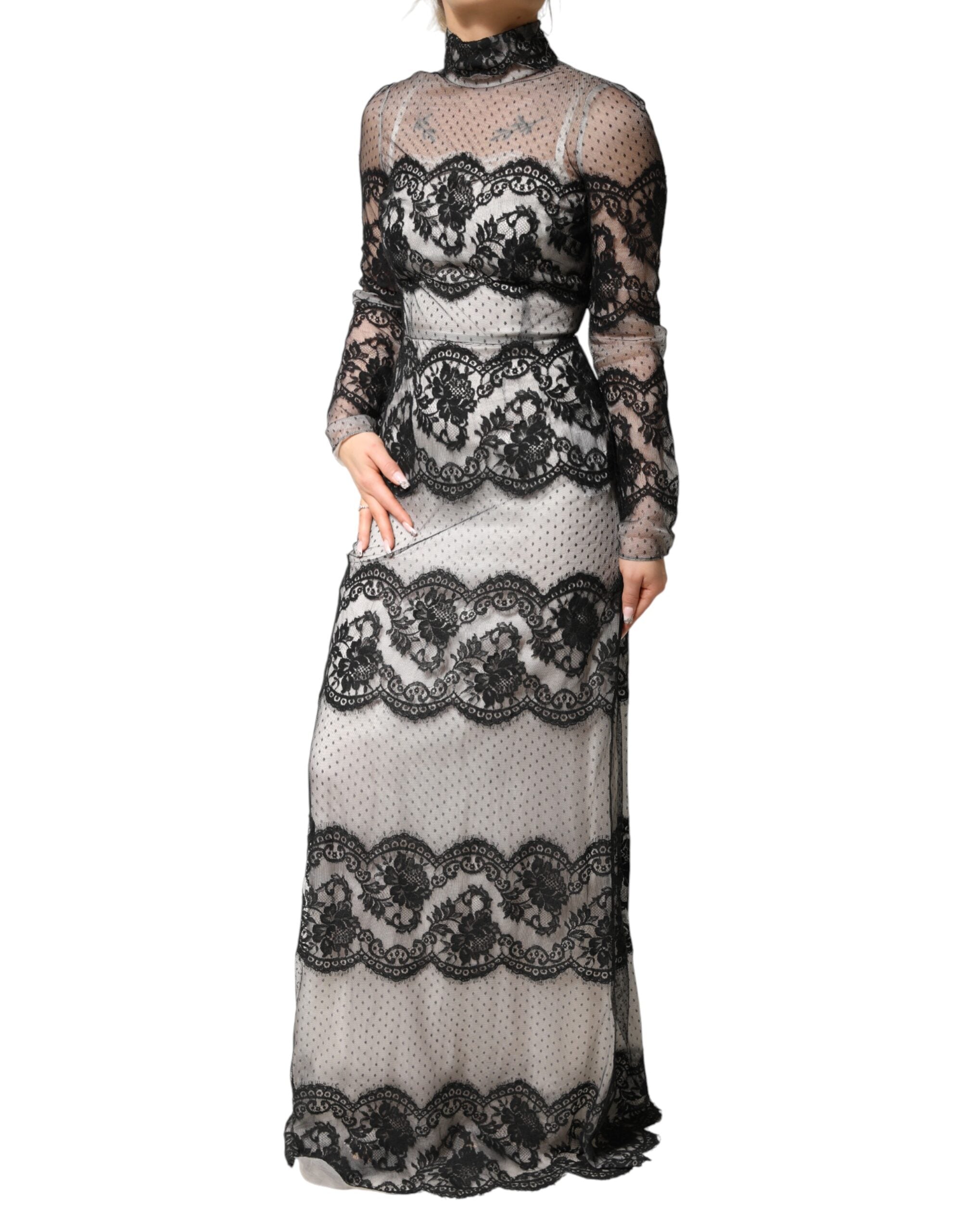 Dolce & Gabbana Black White Lace Silk Blend MaxiSheath Dress Dolce & Gabbana