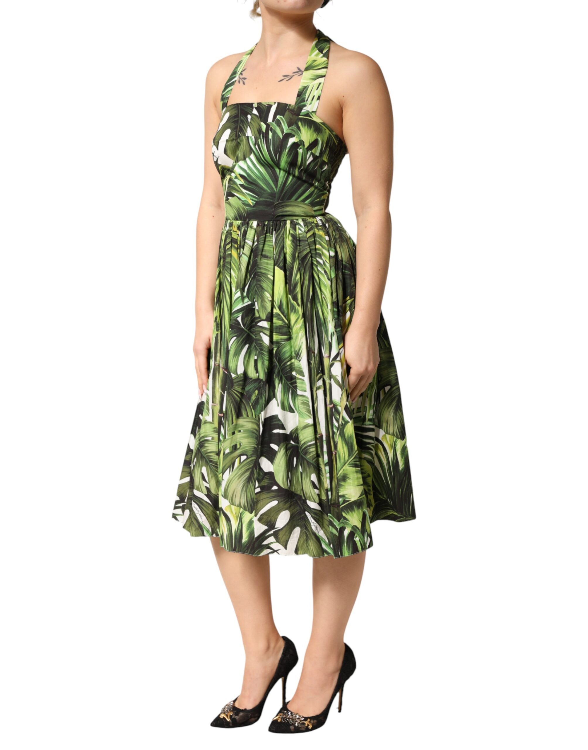 Dolce & Gabbana Green Leaves Print Cotton Halter Midi Dress Dolce & Gabbana