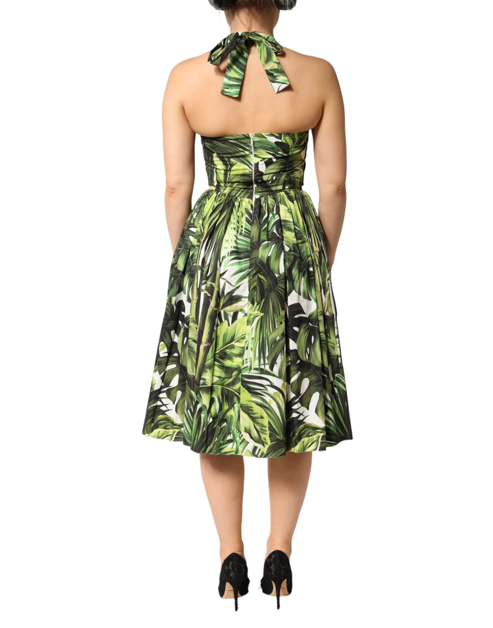Dolce & Gabbana Green Leaves Print Cotton Halter Midi Dress Dolce & Gabbana