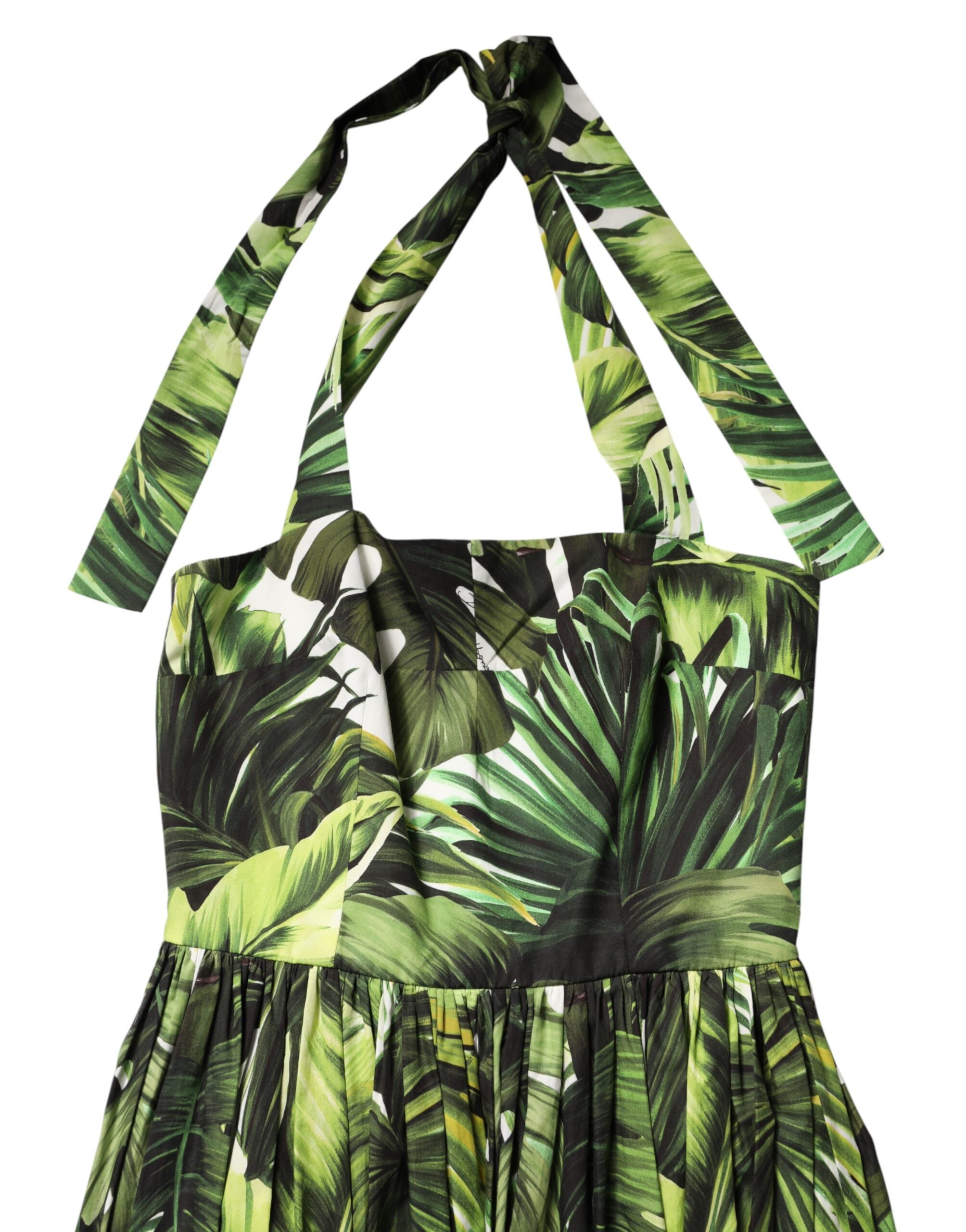 Dolce & Gabbana Green Leaves Print Cotton Halter Midi Dress Dolce & Gabbana
