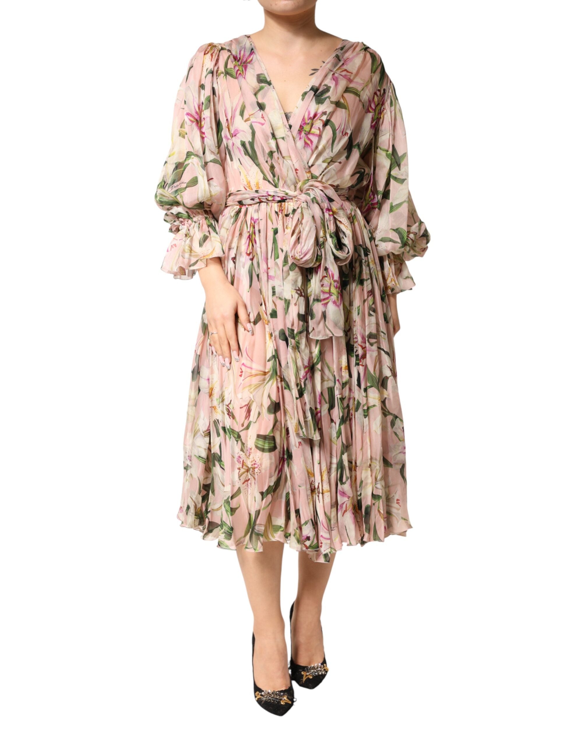 Dolce & Gabbana Pink Lily Print A-line Pleated Maxi Dress Dolce & Gabbana