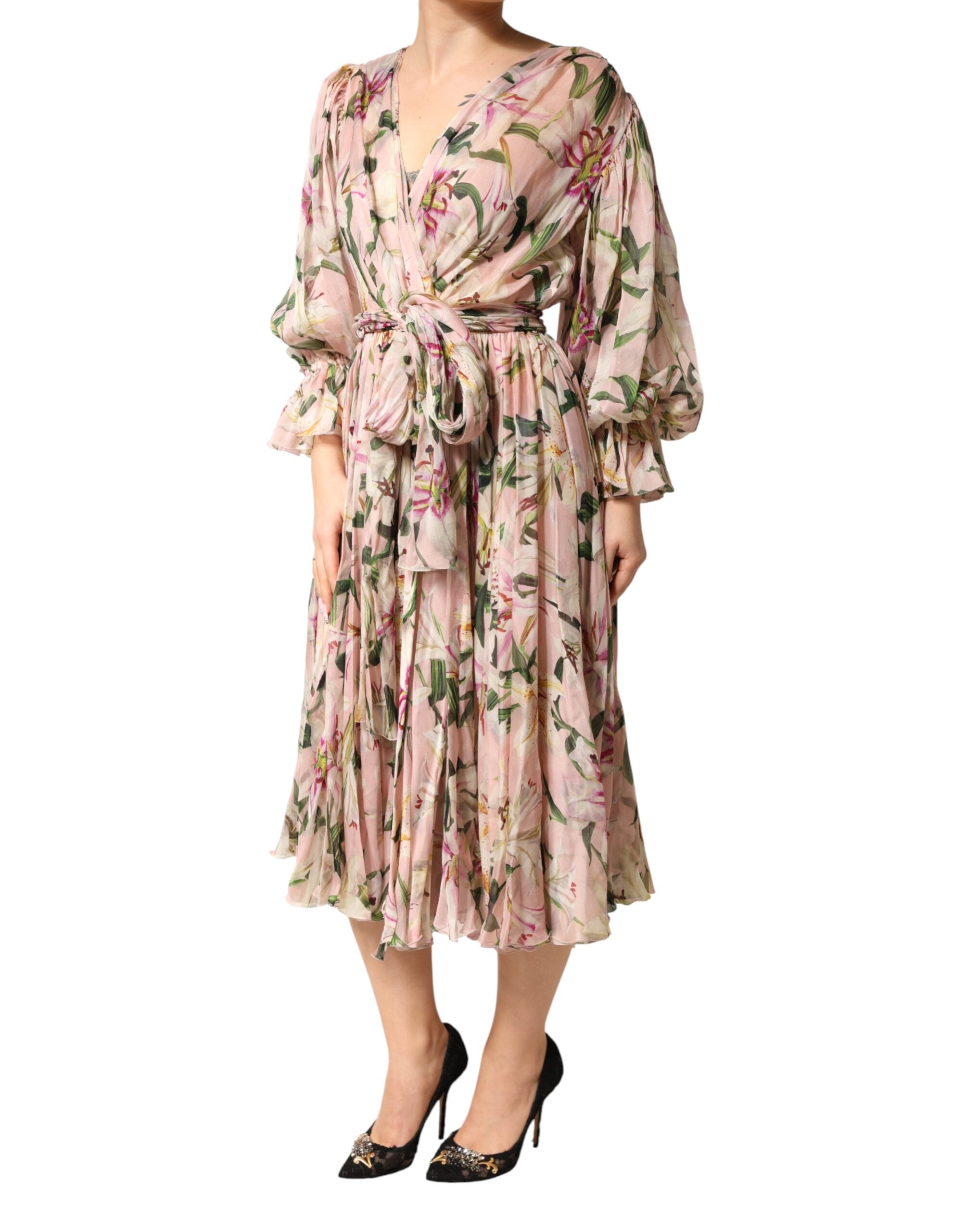 Dolce & Gabbana Pink Lily Print A-line Pleated Maxi Dress Dolce & Gabbana