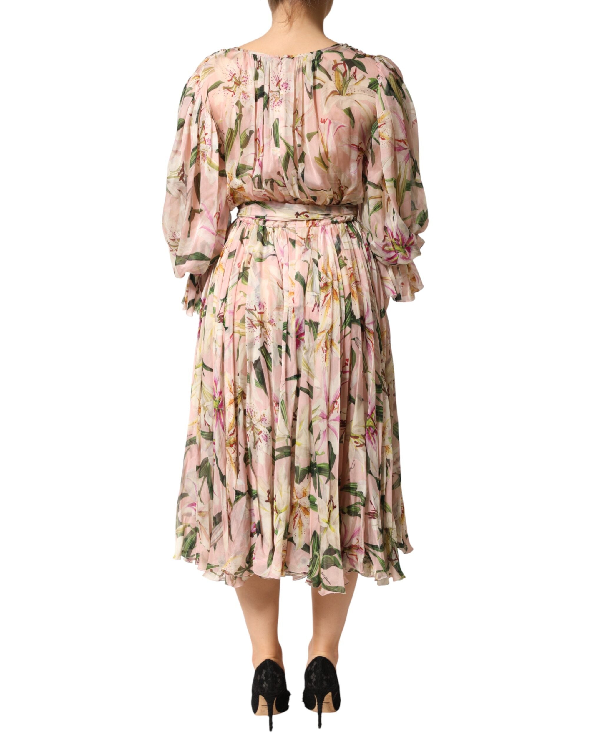 Dolce & Gabbana Pink Lily Print A-line Pleated Maxi Dress Dolce & Gabbana